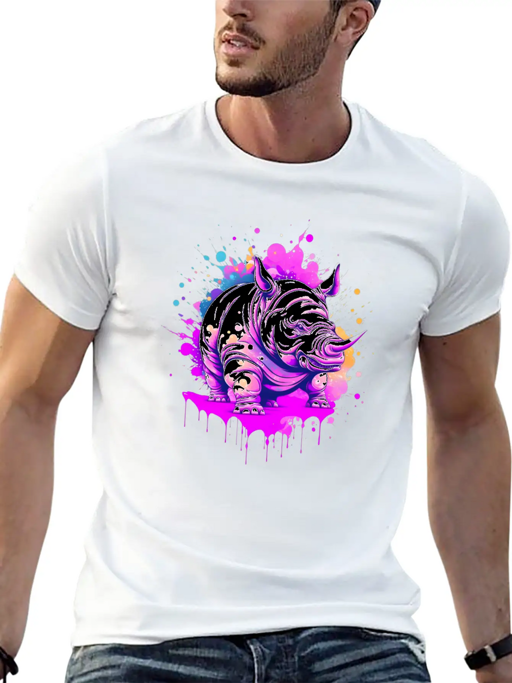 A Rhino With Paint Splatters On It's Face Breathable Soft Cotton T-Shirt – Timeless Casual Look