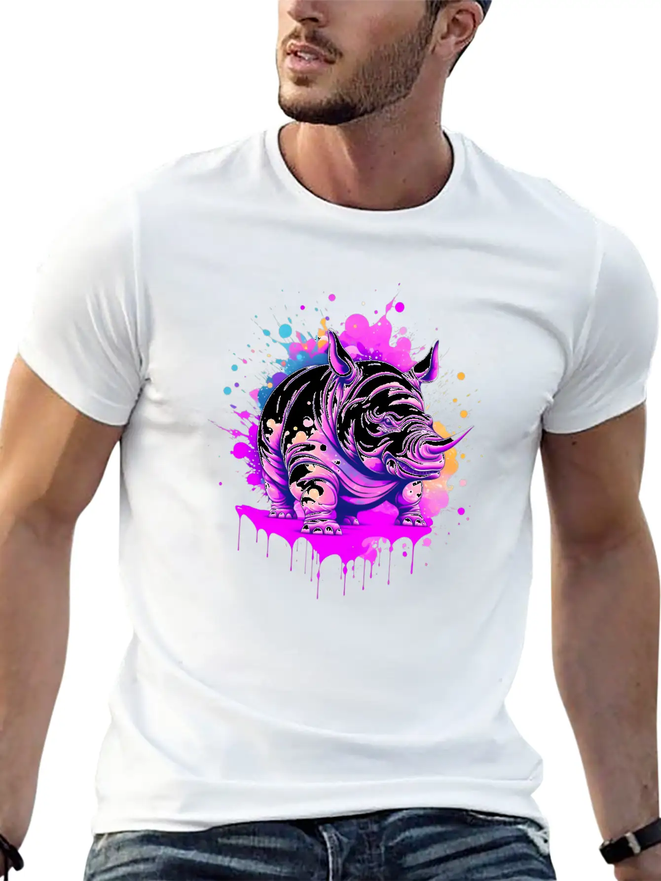 A Rhino With Paint Splatters On It's Face Breathable Soft Cotton T-Shirt – Timeless Casual Look