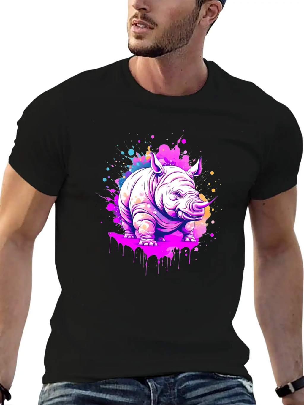 A Rhino With Paint Splatters On It's Face Breathable Soft Cotton T-Shirt – Timeless Casual Look