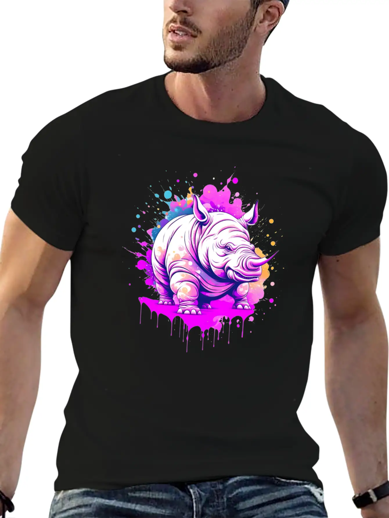 A Rhino With Paint Splatters On It's Face Breathable Soft Cotton T-Shirt – Timeless Casual Look