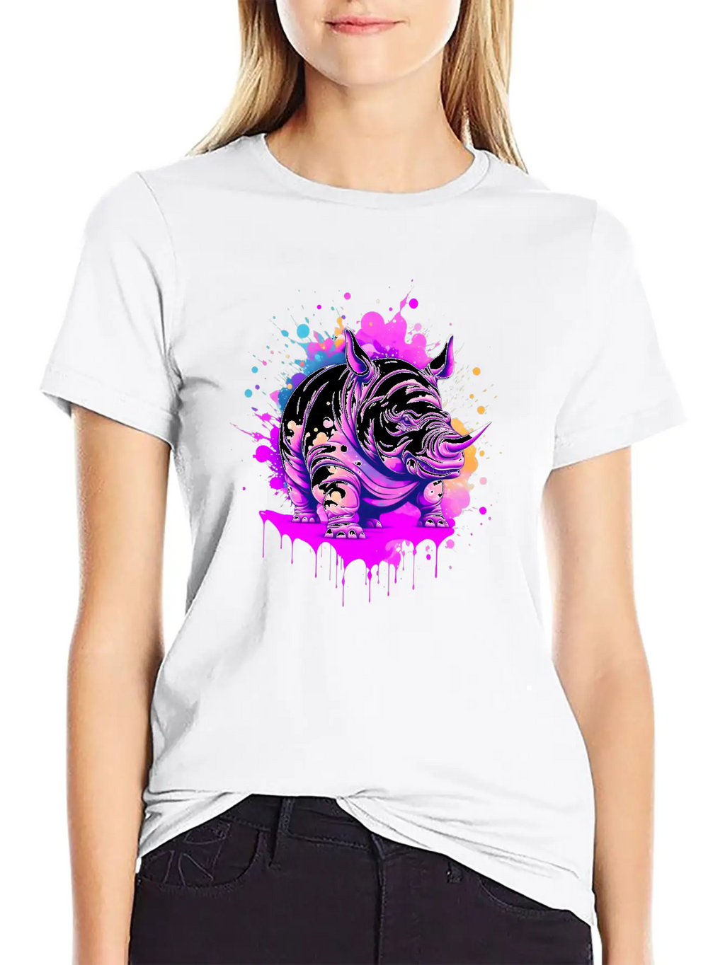A Rhino With Paint Splatters On It's Face Breathable Soft Cotton T-Shirt – Timeless Casual Look
