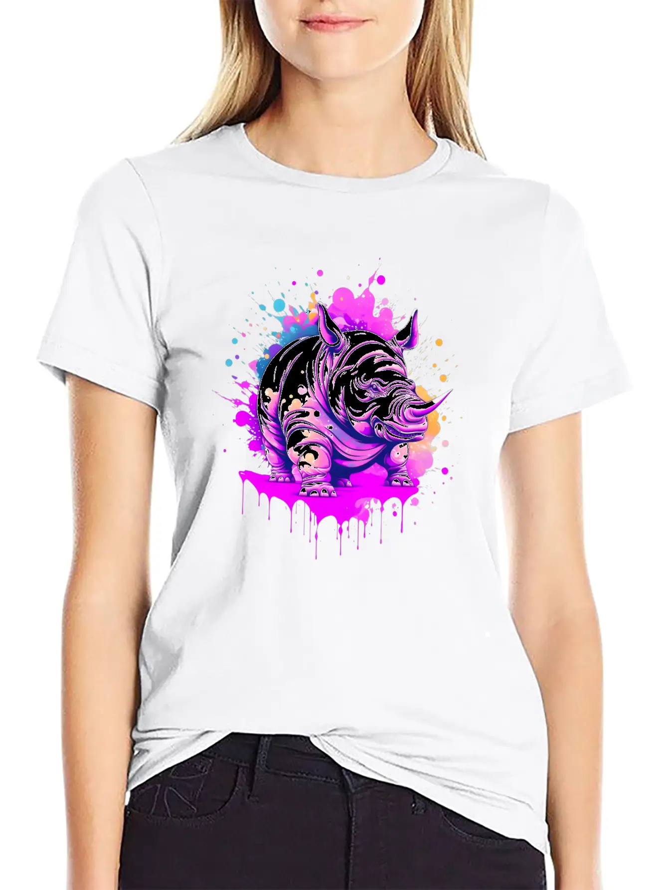 A Rhino With Paint Splatters On It's Face Breathable Soft Cotton T-Shirt – Timeless Casual Look