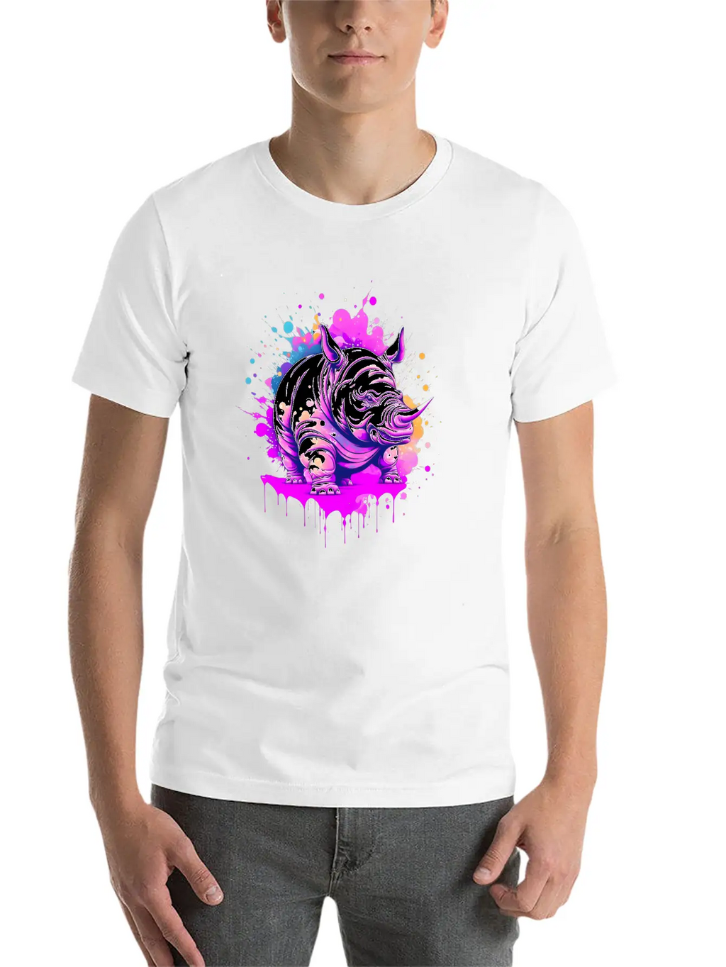 A Rhino With Paint Splatters On It's Face Breathable Soft Cotton T-Shirt – Timeless Casual Look