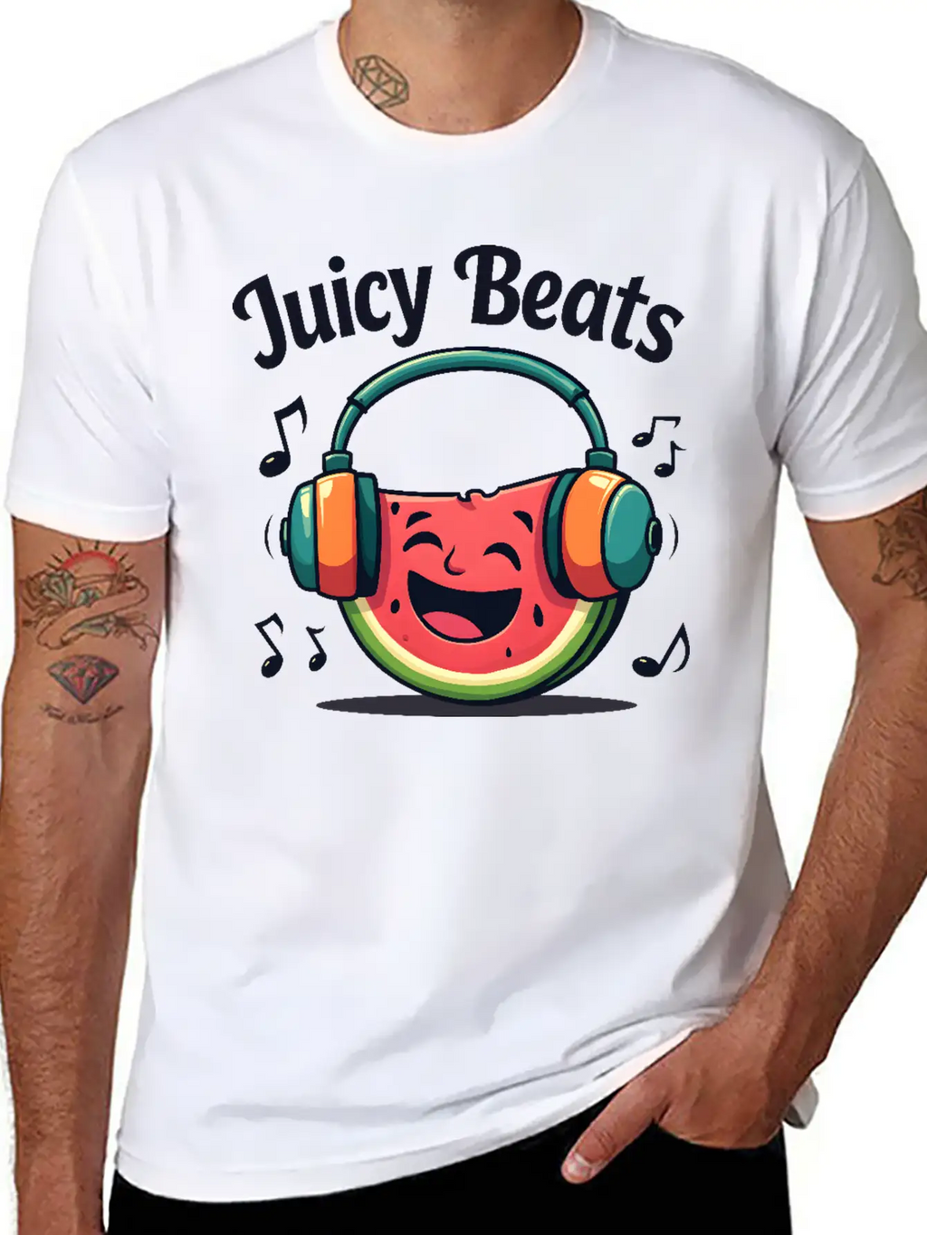 A Watermelon Slice With Headphones: "Juicy Beats" Classic Fit Graphic Tee For Daily Comfort – Unisex Cotton Shirt