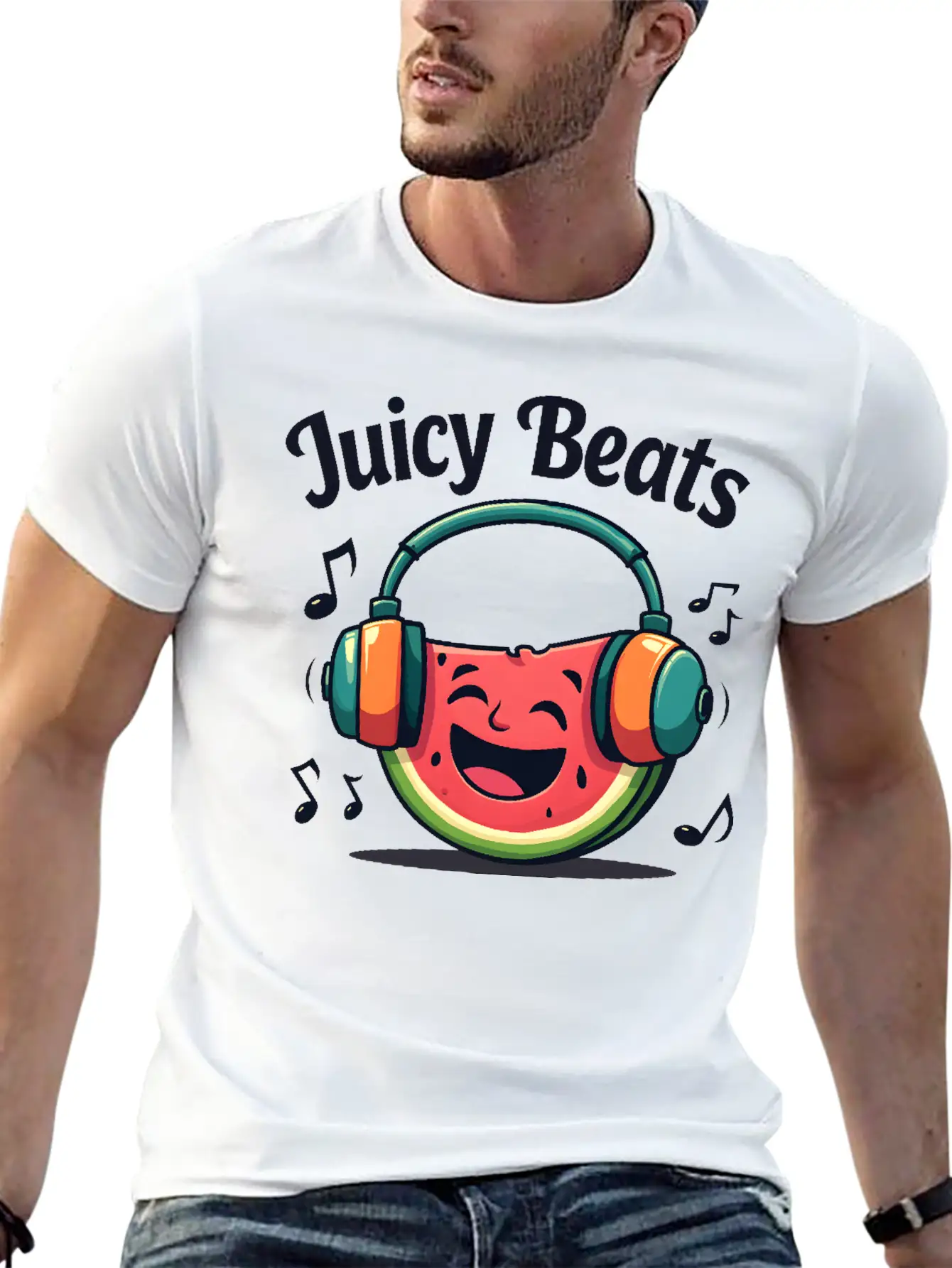 A Watermelon Slice With Headphones: "Juicy Beats" Classic Fit Graphic Tee For Daily Comfort – Unisex Cotton Shirt