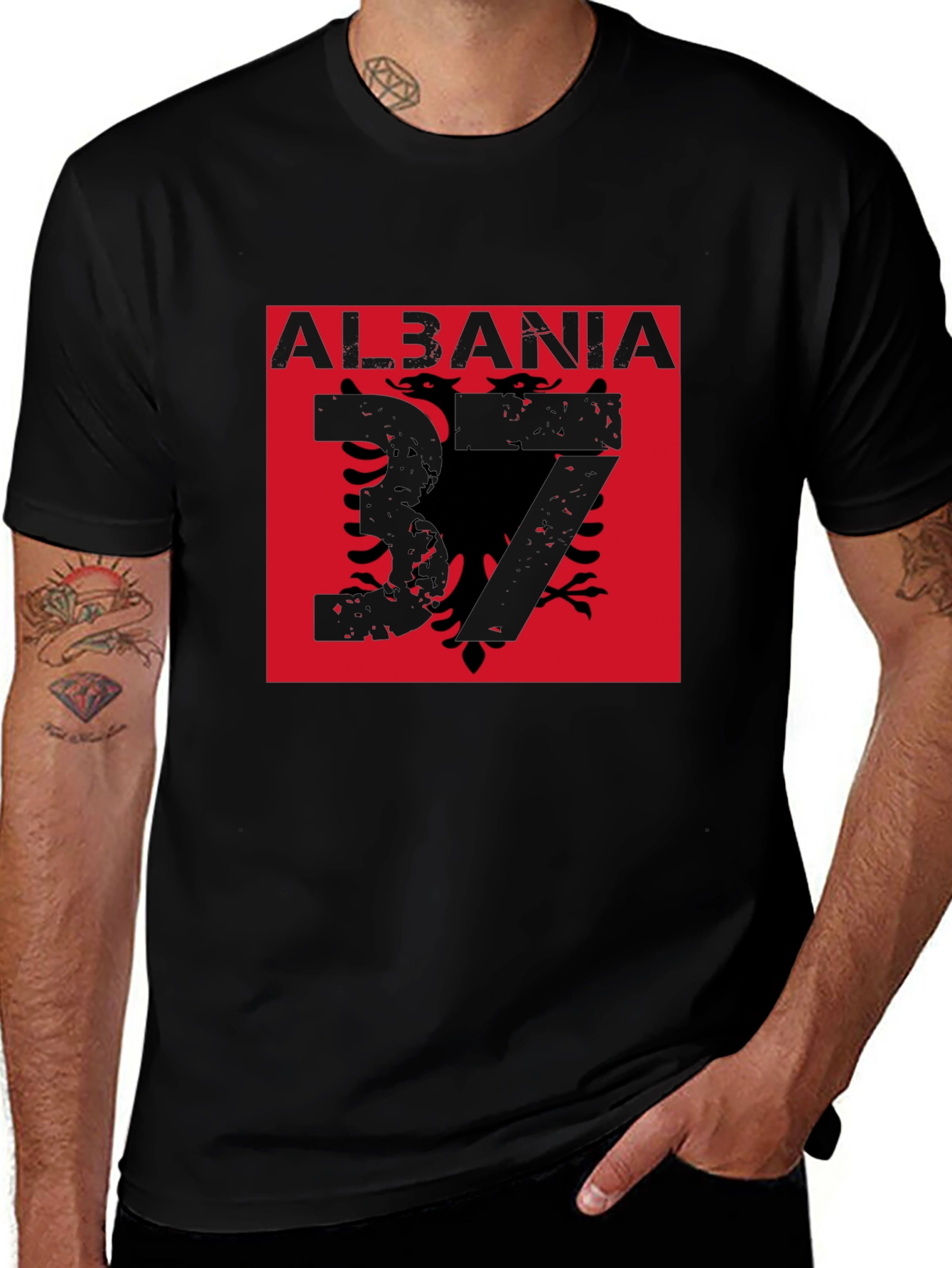 Albania Flag Graphic Tee - Black T-Shirt