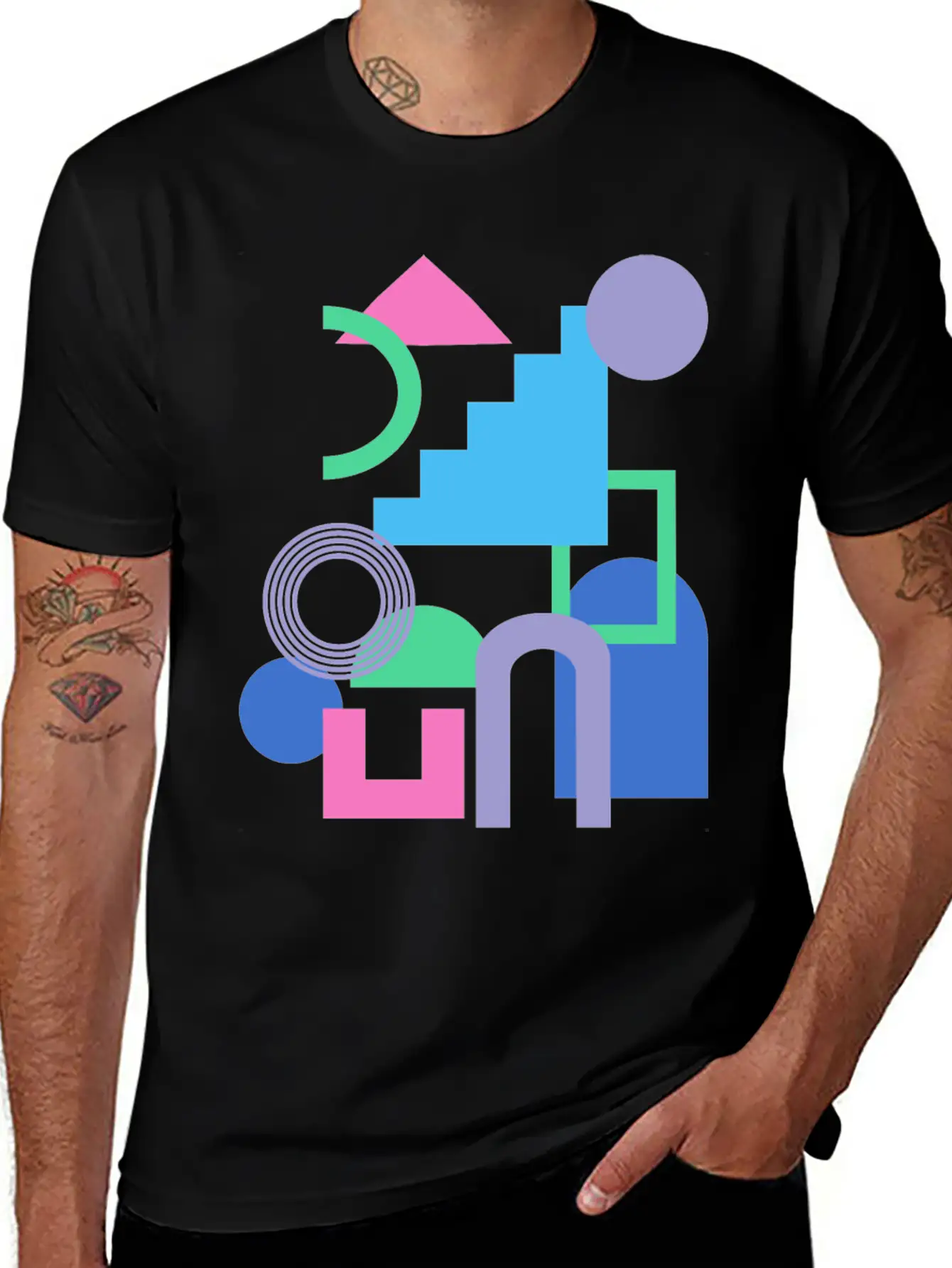 Abstract Shape Collage In Bright 90s Colors Timeless Short Sleeve Tee – Comfy And Minimalist Design