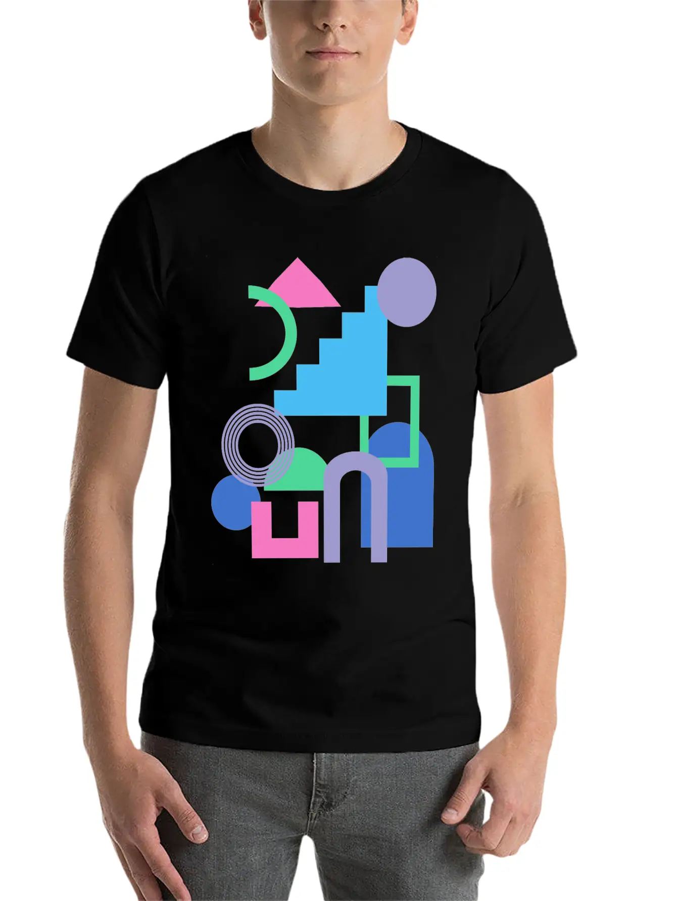 Abstract Shape Collage In Bright 90s Colors Timeless Short Sleeve Tee – Comfy And Minimalist Design