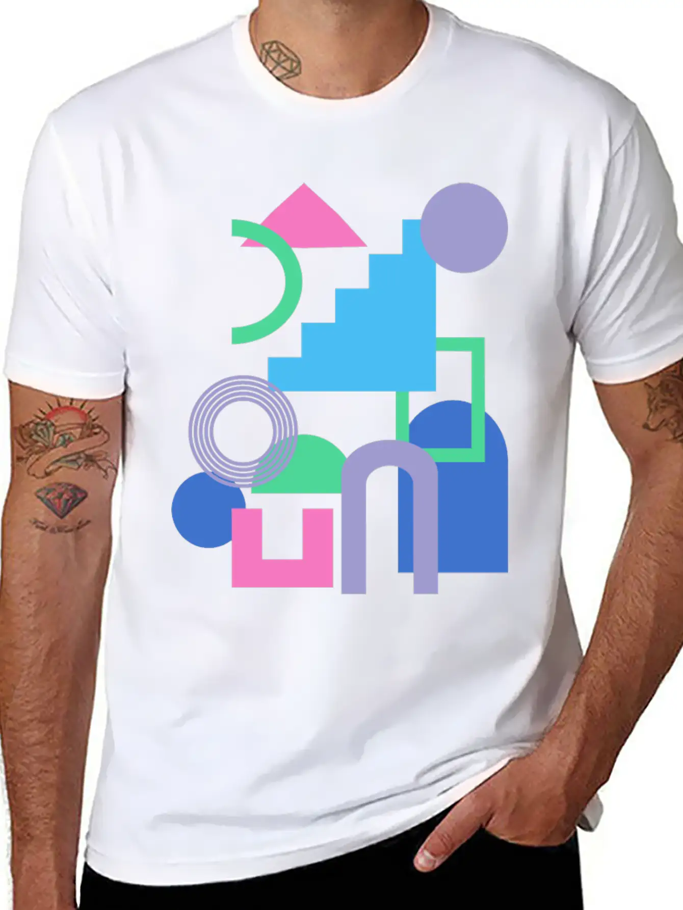 Abstract Shape Collage In Bright 90s Colors Timeless Short Sleeve Tee – Comfy And Minimalist Design