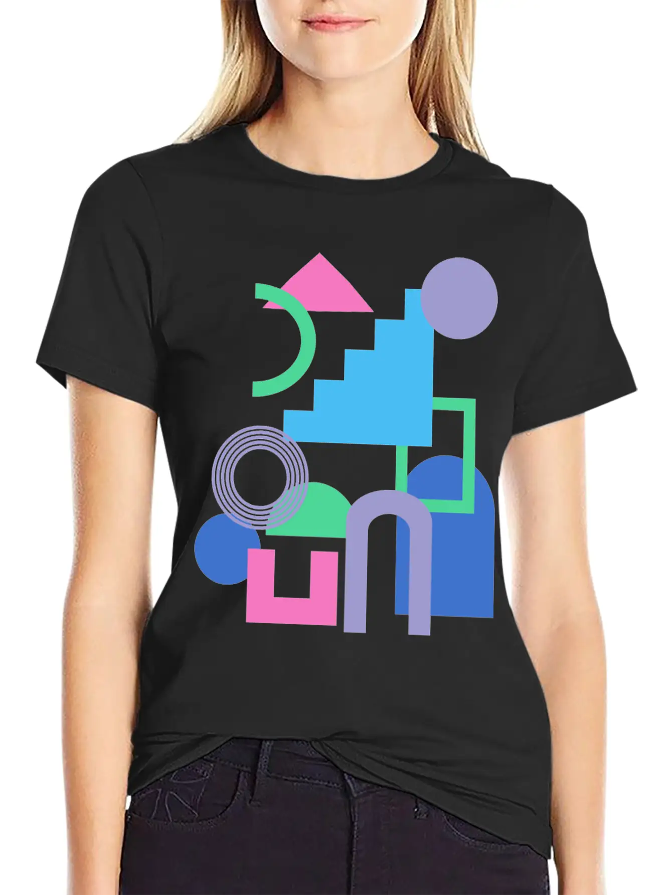 Abstract Shape Collage In Bright 90s Colors Timeless Short Sleeve Tee – Comfy And Minimalist Design