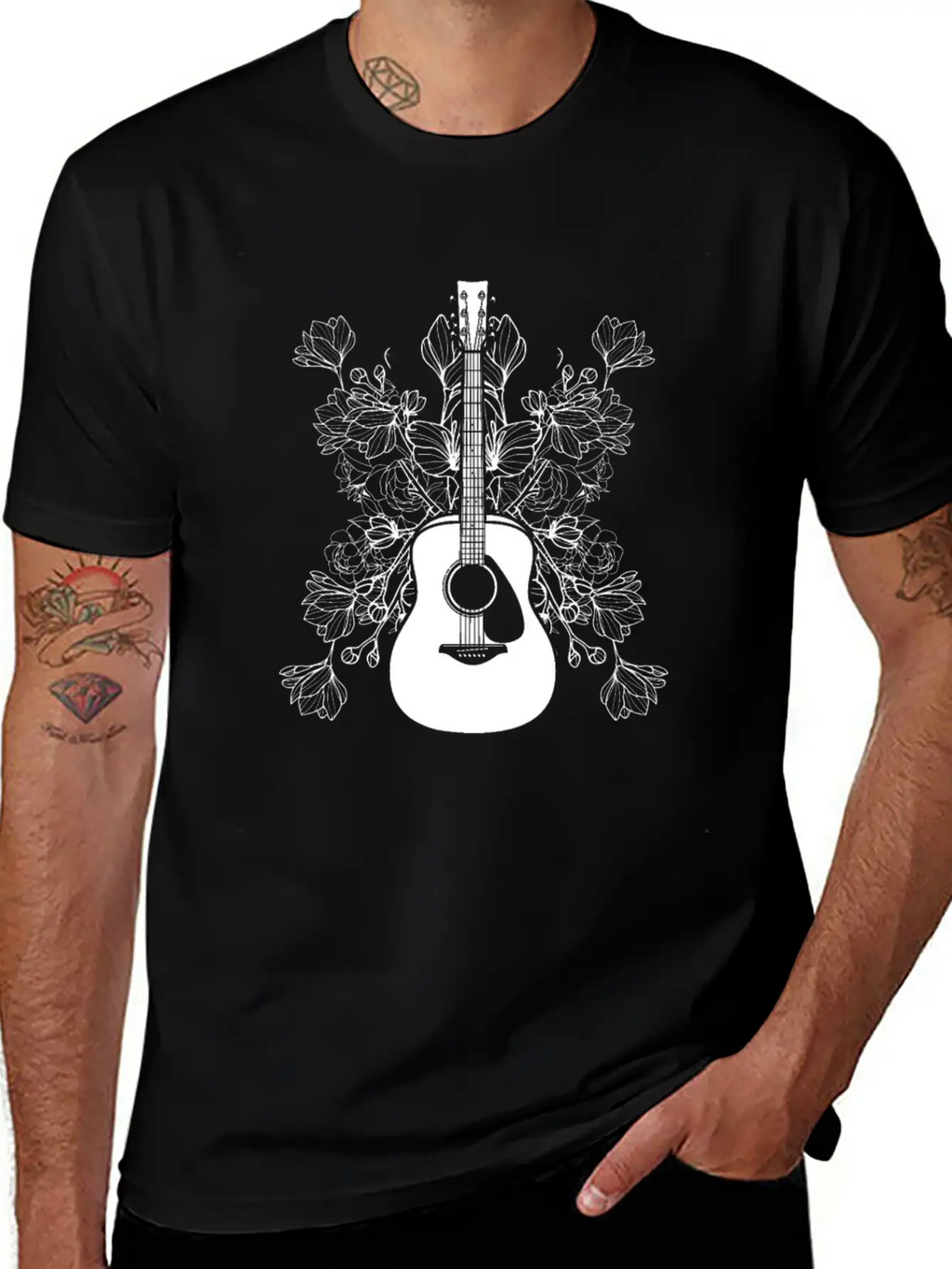 Acoustic Guitar Flowers Unisex Casual T-Shirt – Clean Design For Daily Comfort