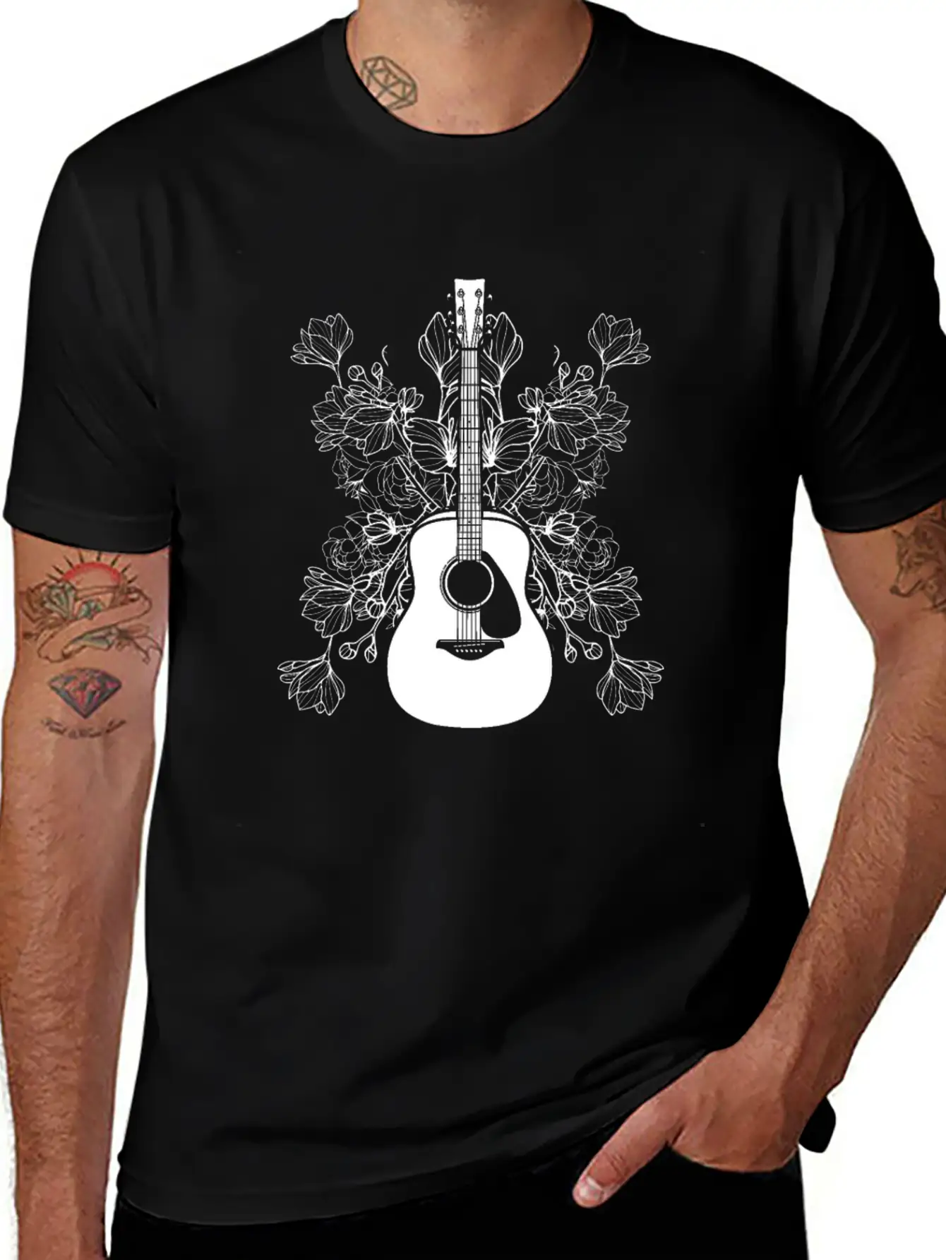 Acoustic Guitar Flowers Unisex Casual T-Shirt – Clean Design For Daily Comfort