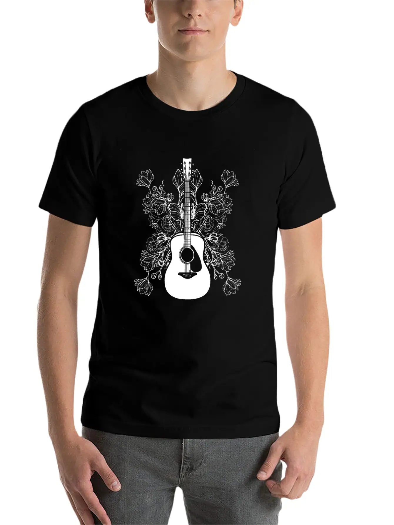 Acoustic Guitar Flowers Unisex Casual T-Shirt – Clean Design For Daily Comfort