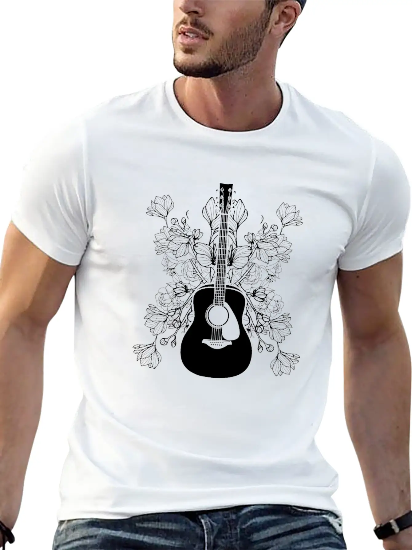 Acoustic Guitar Flowers Unisex Casual T-Shirt – Clean Design For Daily Comfort