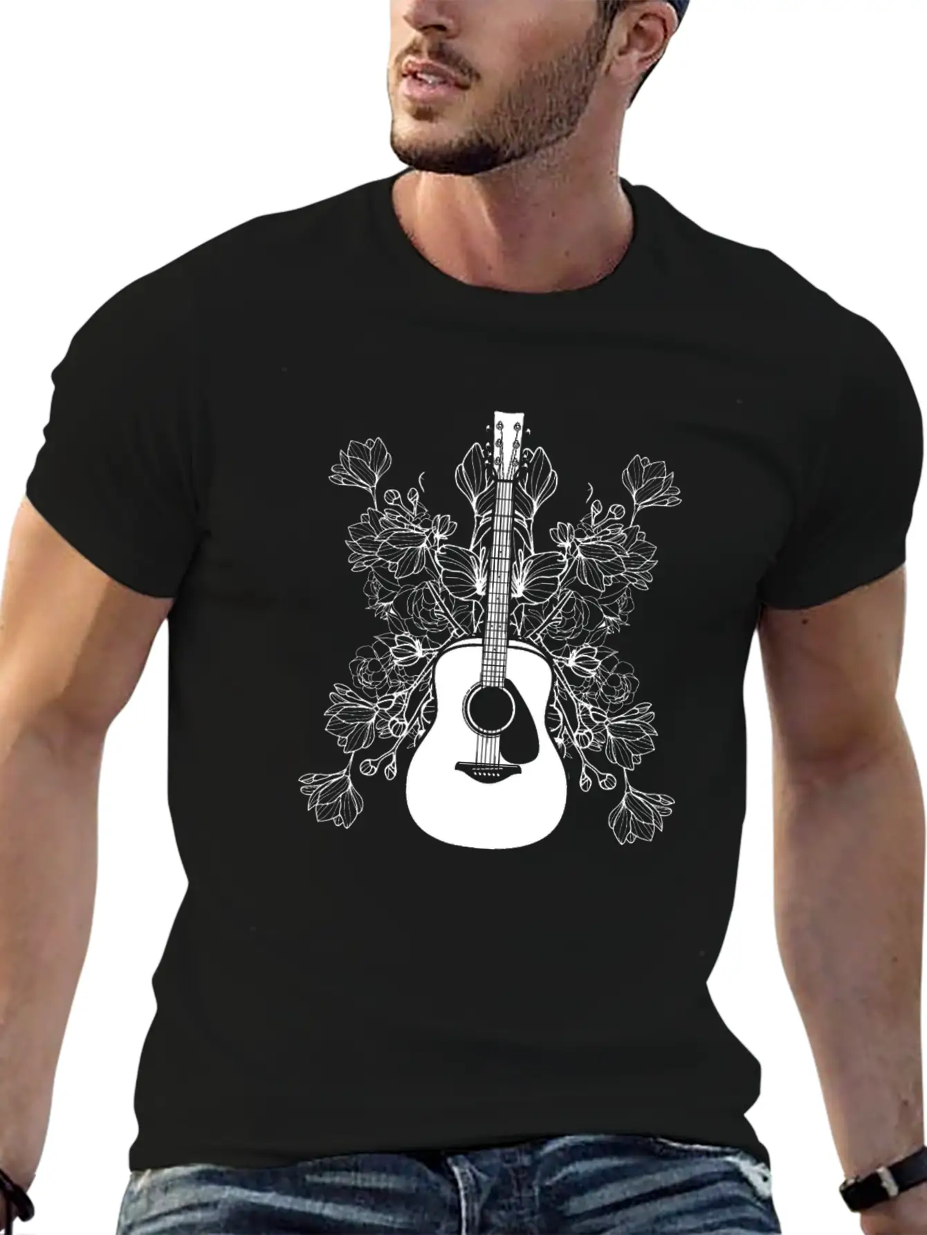 Acoustic Guitar Flowers Unisex Casual T-Shirt – Clean Design For Daily Comfort
