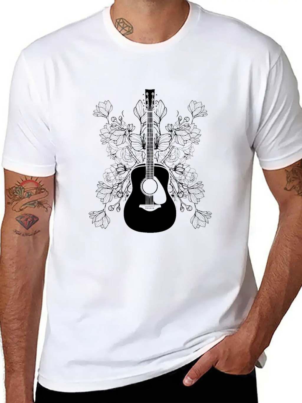 Acoustic Guitar Flowers Unisex Casual T-Shirt – Clean Design For Daily Comfort