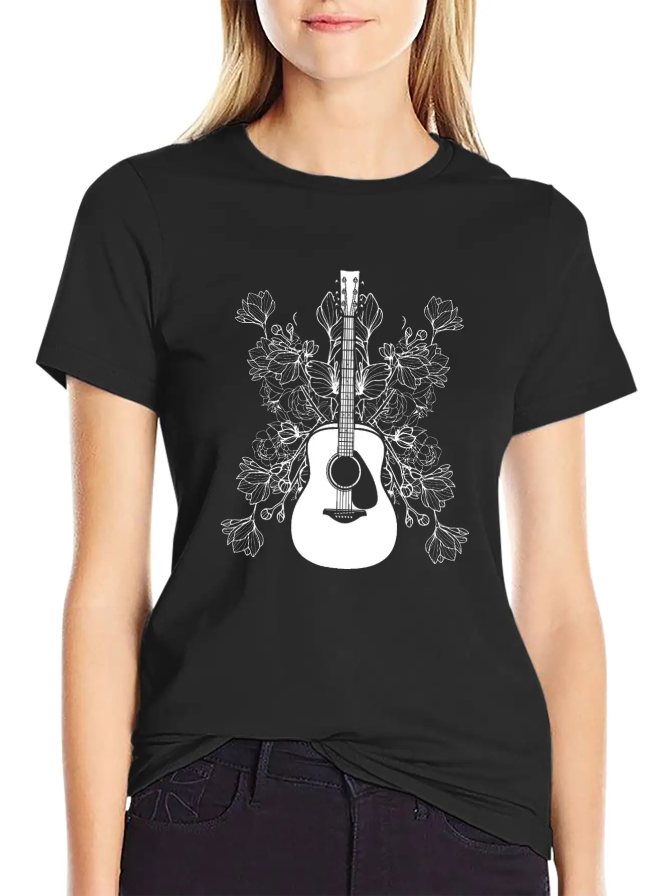 Acoustic Guitar Flowers Unisex Casual T-Shirt – Clean Design For Daily Comfort