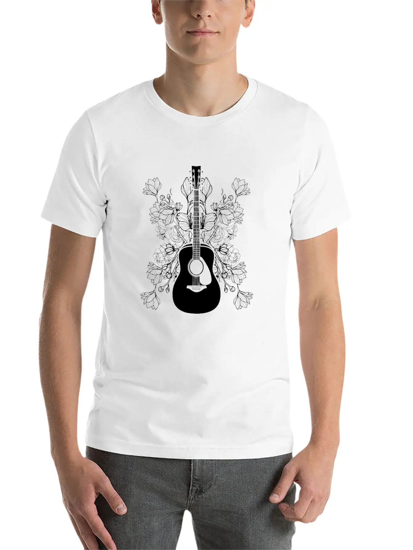 Acoustic Guitar Flowers Unisex Casual T-Shirt – Clean Design For Daily Comfort