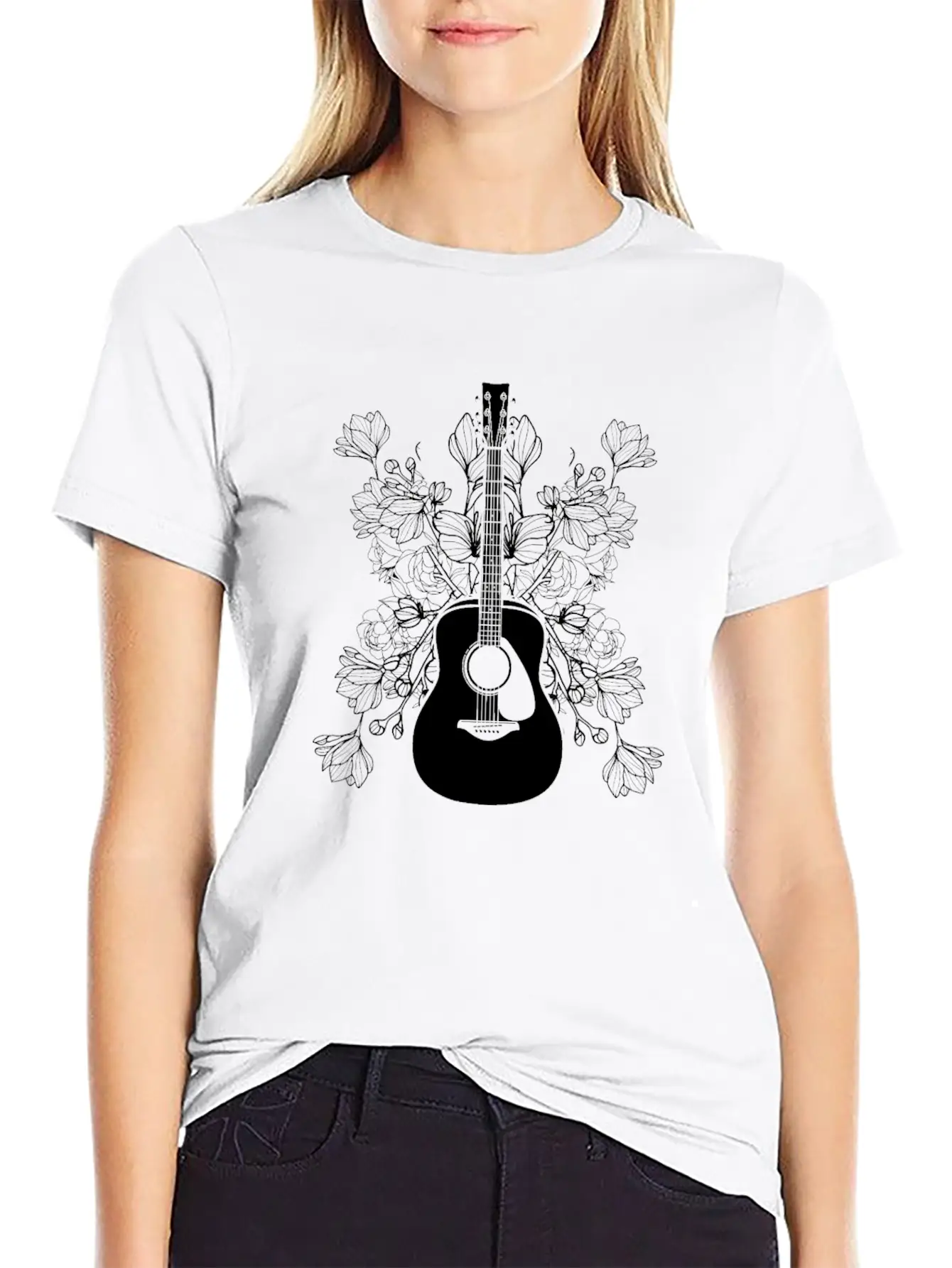 Acoustic Guitar Flowers Unisex Casual T-Shirt – Clean Design For Daily Comfort