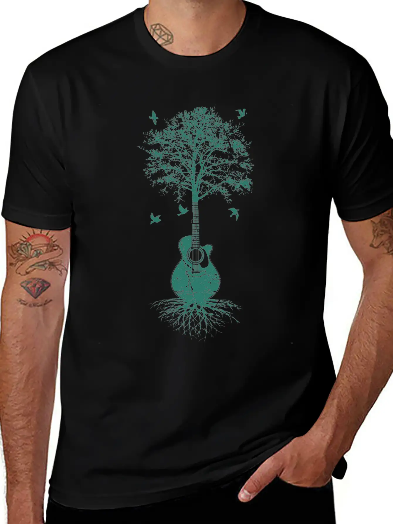 Acoustic Guitar, Guitarist, Tree Of Life Moon Basic Graphic T-Shirt – Daily Comfort In Soft Cotton