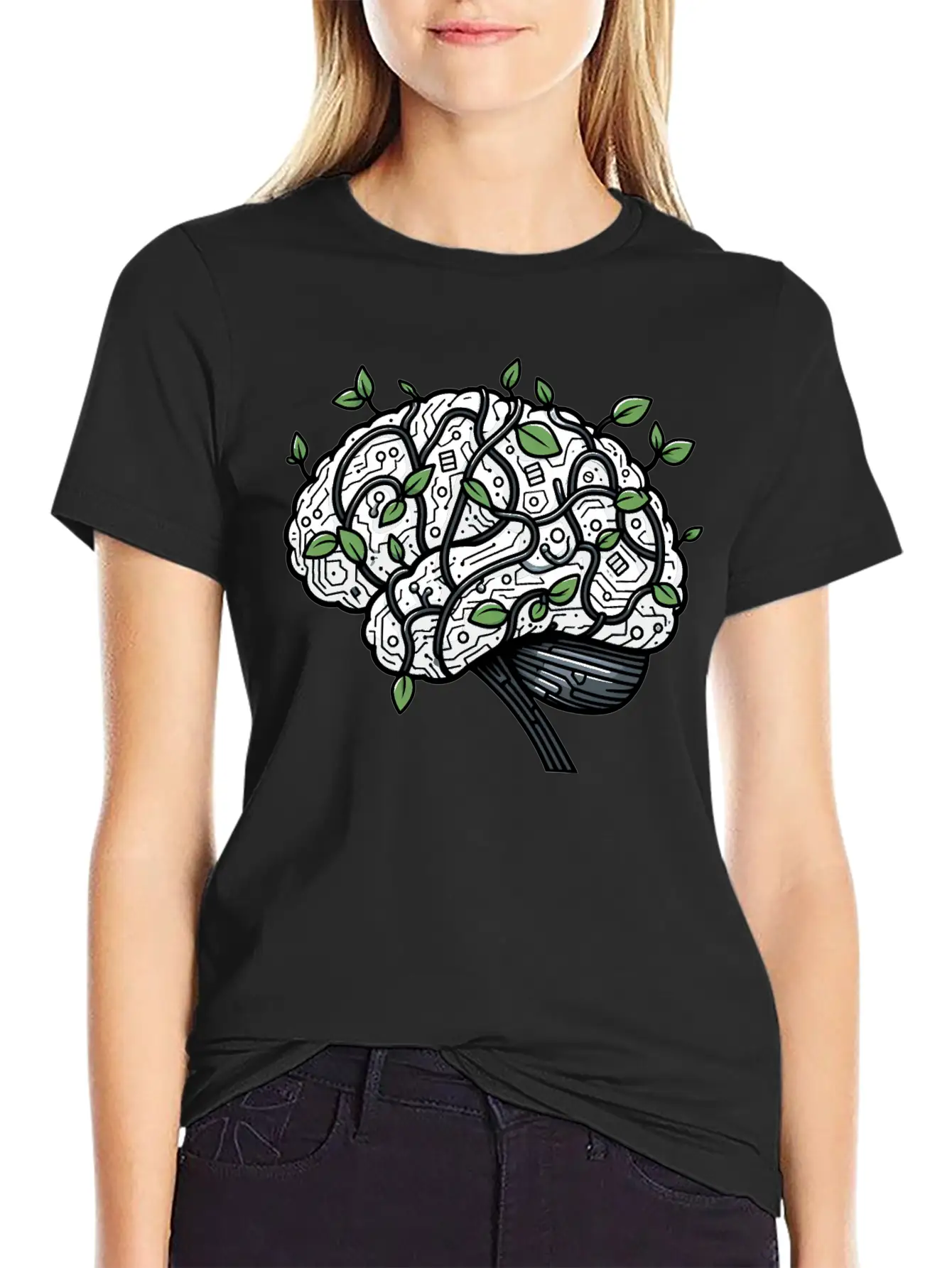 AI Ethics Mechanical Brain With Vines Timeless Short Sleeve Tee – Comfy And Minimalist Design