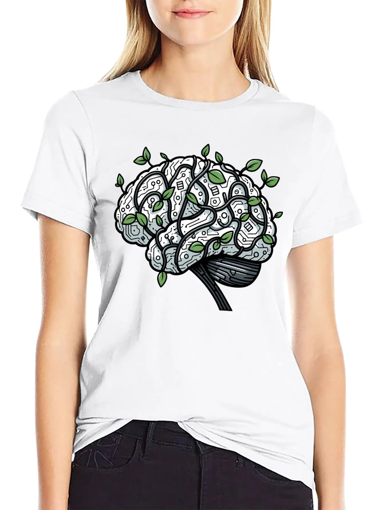 AI Ethics Mechanical Brain With Vines Timeless Short Sleeve Tee – Comfy And Minimalist Design