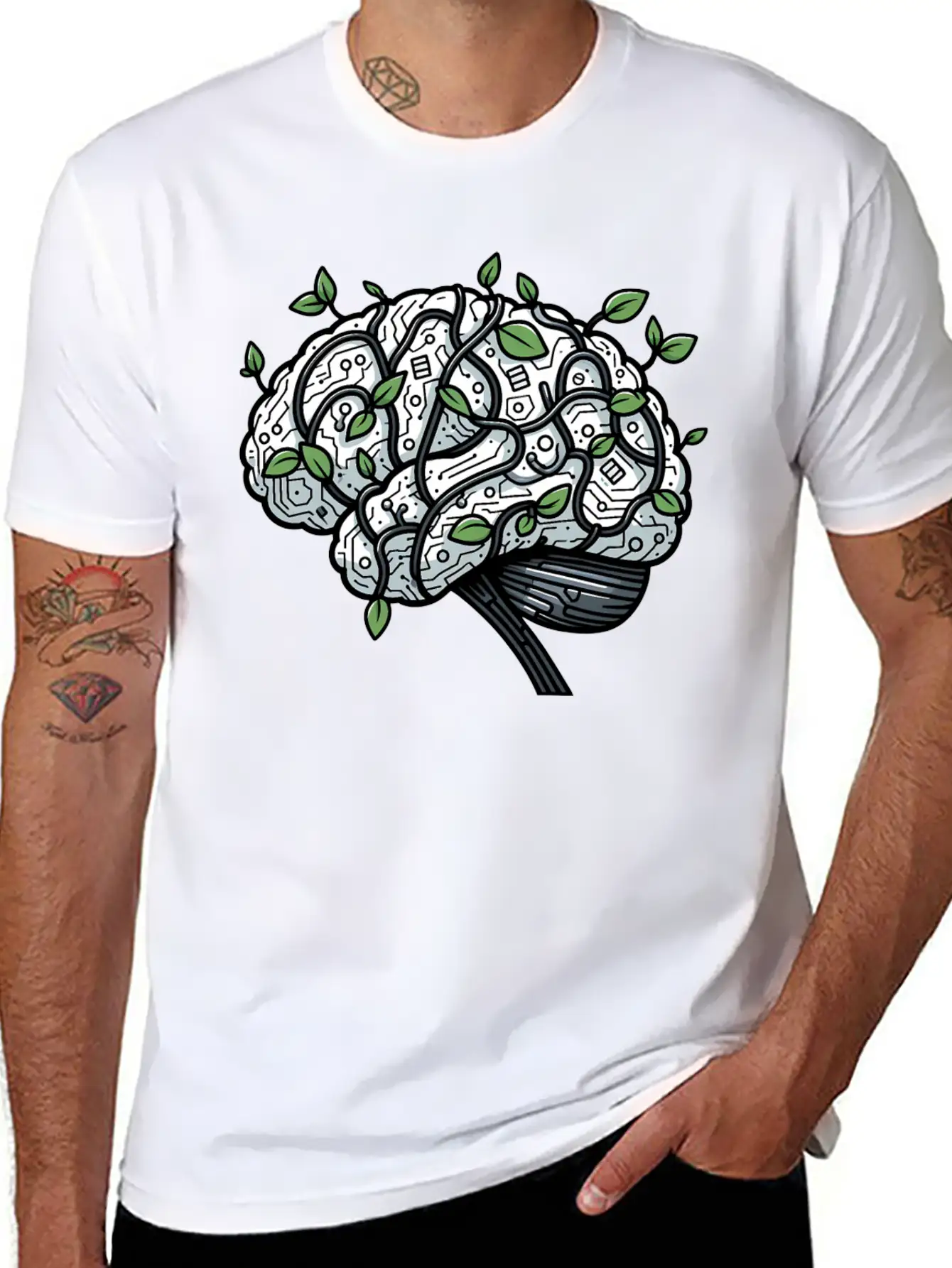 AI Ethics Mechanical Brain With Vines Timeless Short Sleeve Tee – Comfy And Minimalist Design