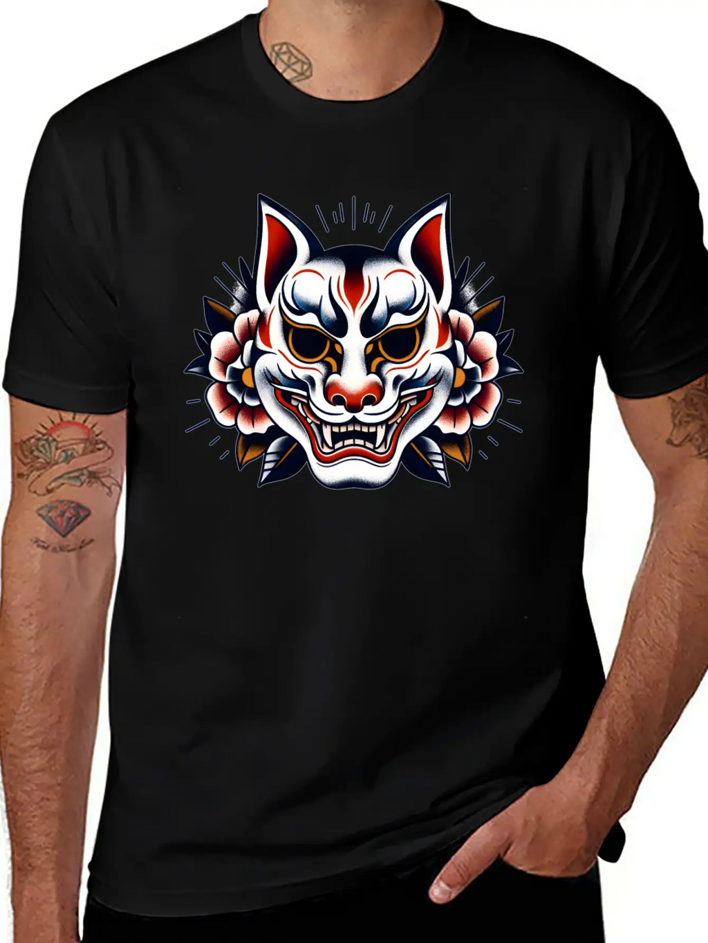 AI Japanese Kabuki Fox Mask Design Timeless Short Sleeve Tee – Comfy And Minimalist Design