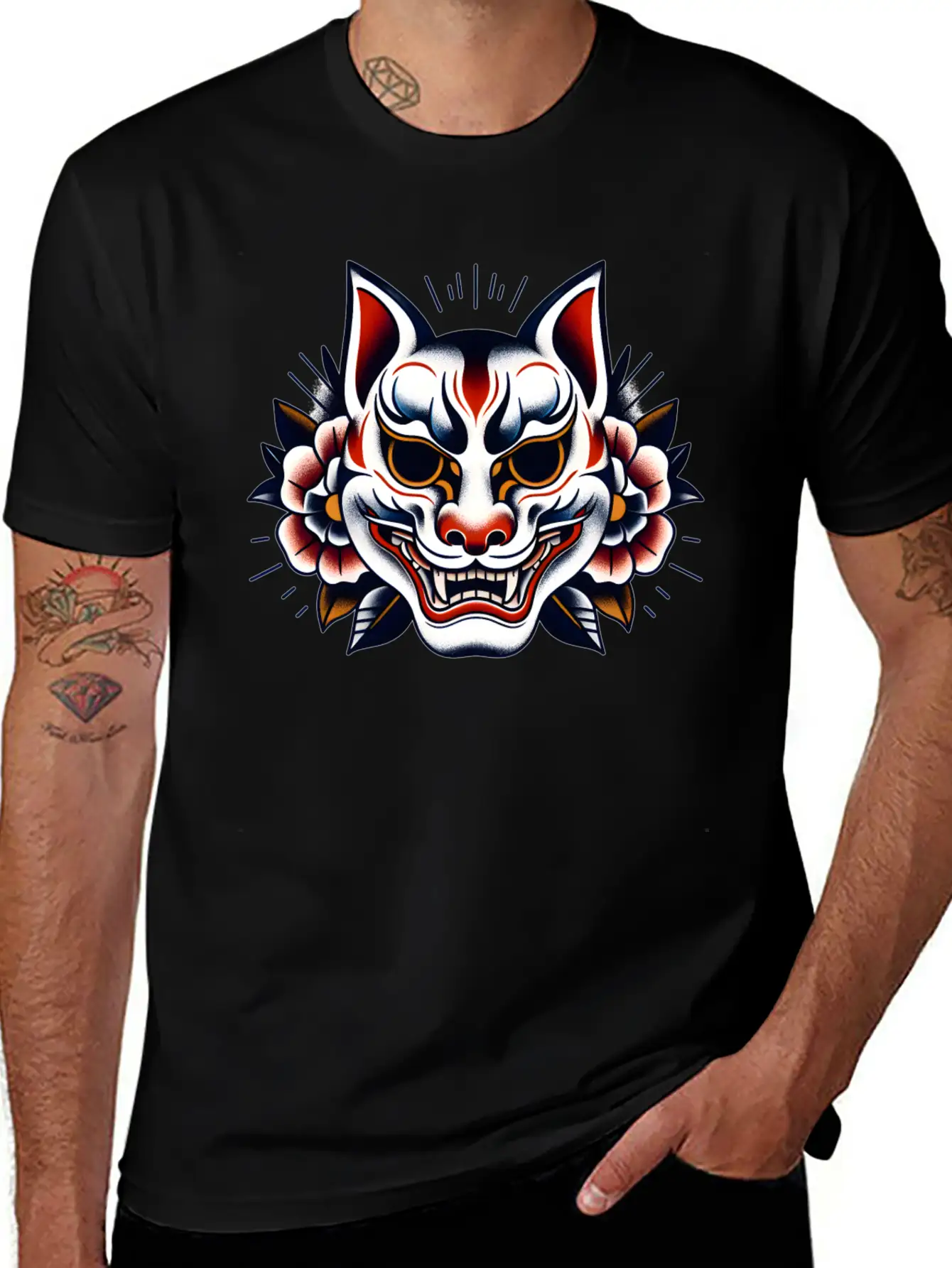AI Japanese Kabuki Fox Mask Design Timeless Short Sleeve Tee – Comfy And Minimalist Design