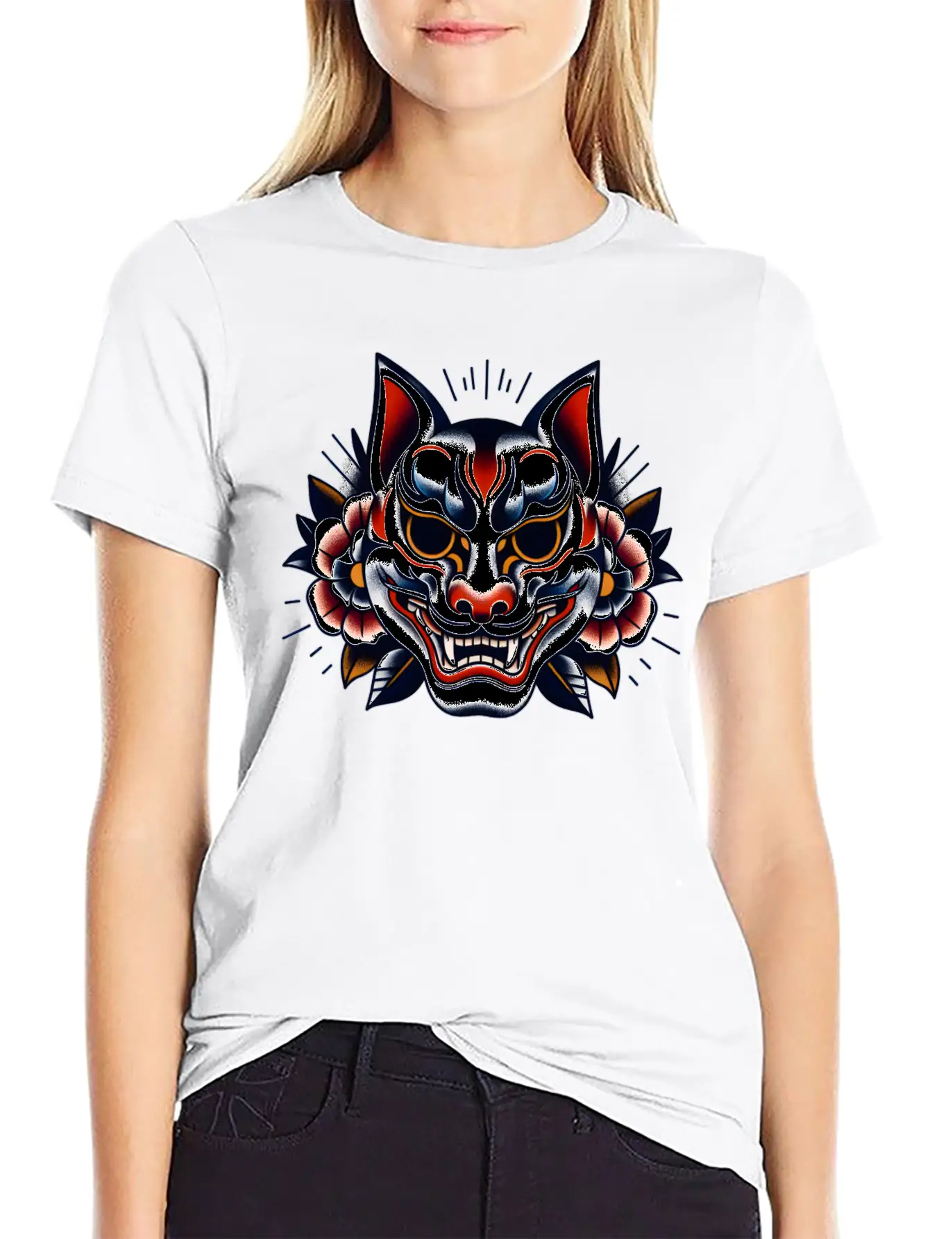 AI Japanese Kabuki Fox Mask Design Timeless Short Sleeve Tee – Comfy And Minimalist Design