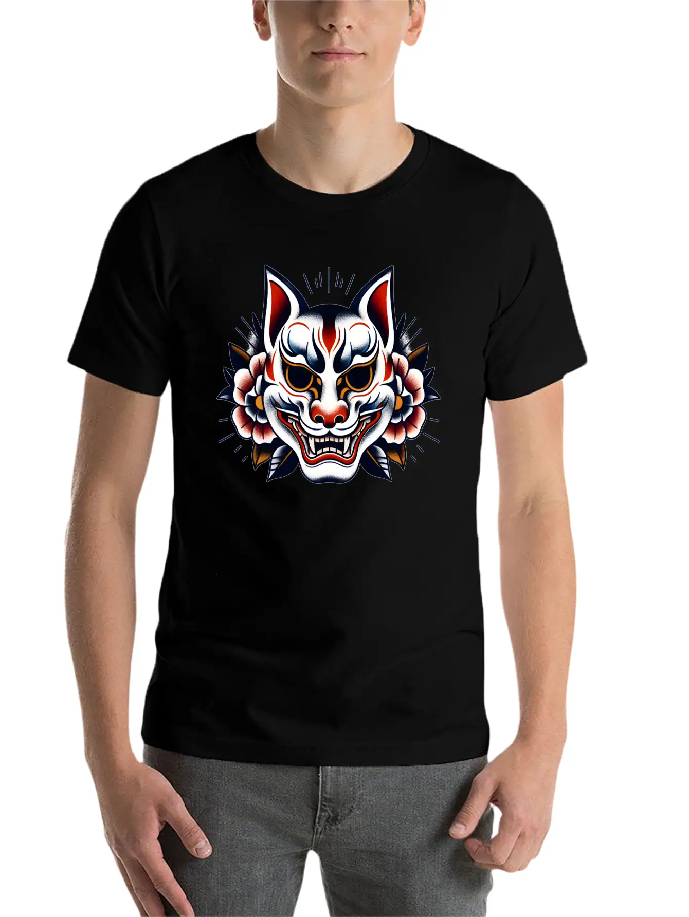 AI Japanese Kabuki Fox Mask Design Timeless Short Sleeve Tee – Comfy And Minimalist Design