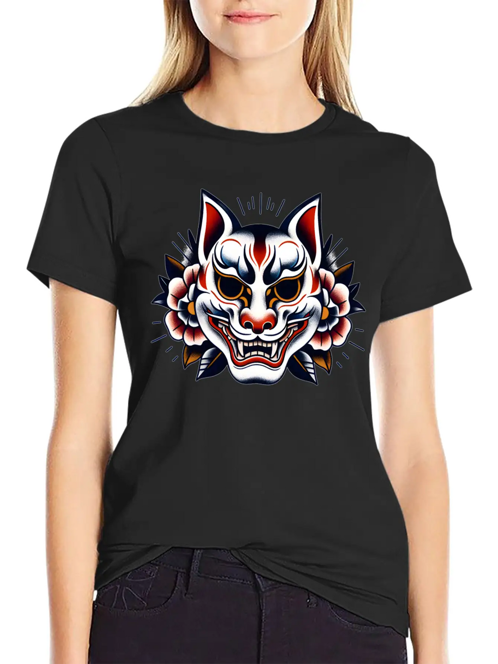 AI Japanese Kabuki Fox Mask Design Timeless Short Sleeve Tee – Comfy And Minimalist Design