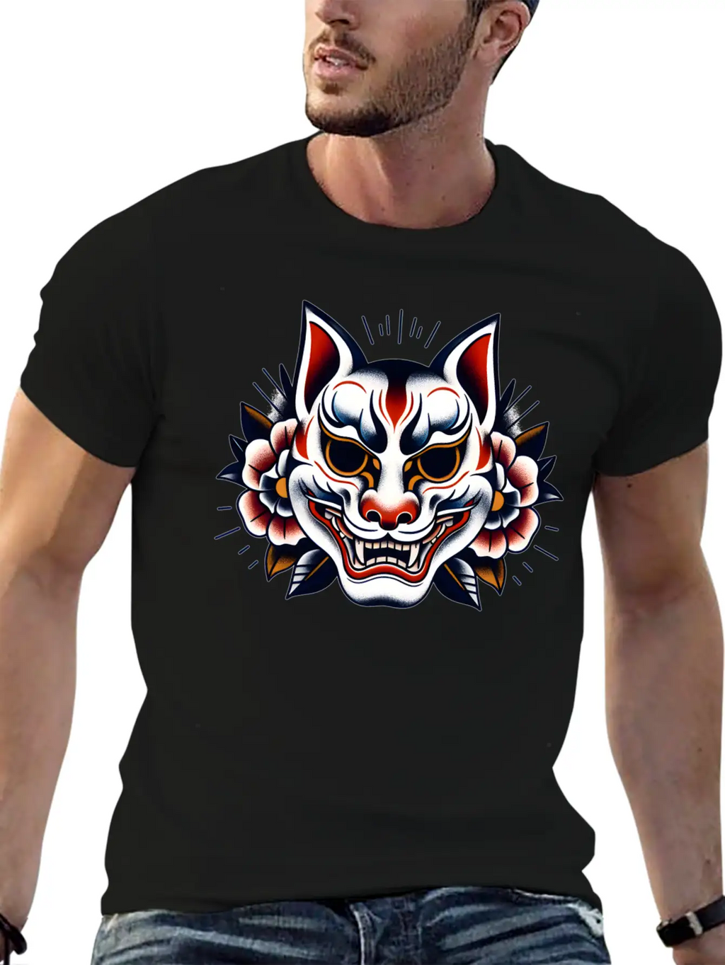 AI Japanese Kabuki Fox Mask Design Timeless Short Sleeve Tee – Comfy And Minimalist Design