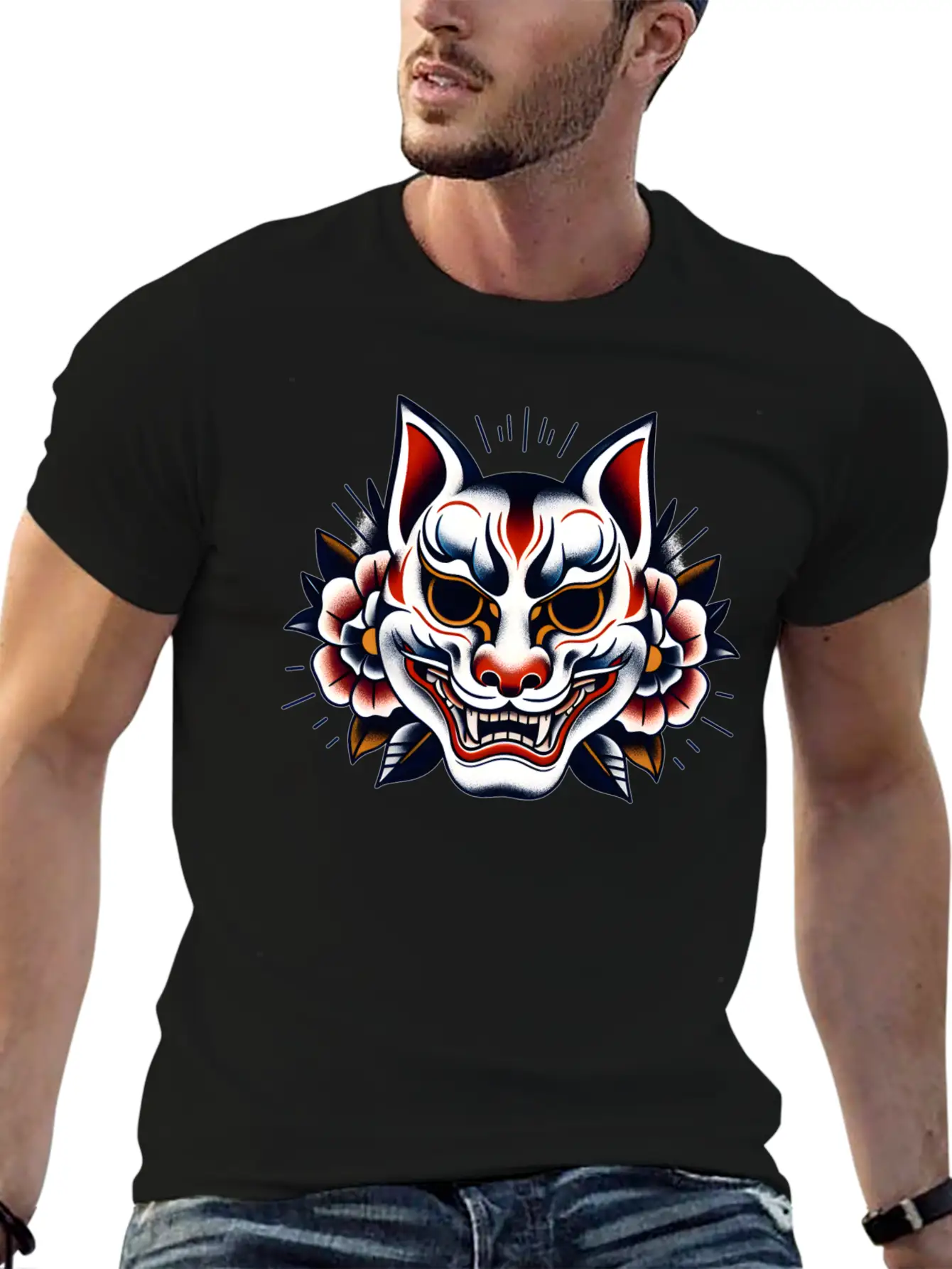 AI Japanese Kabuki Fox Mask Design Timeless Short Sleeve Tee – Comfy And Minimalist Design