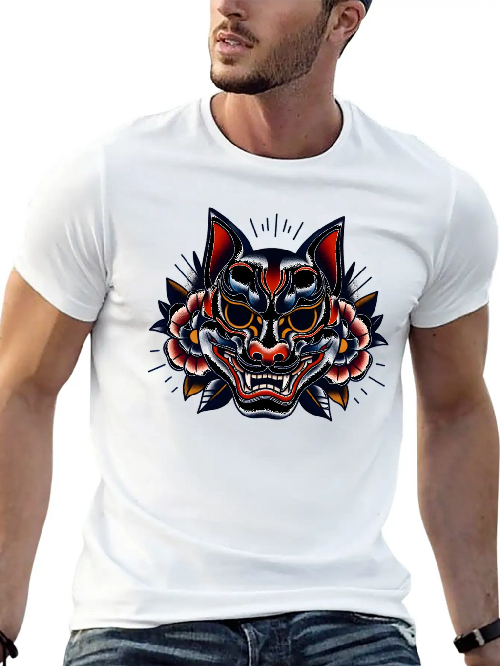 AI Japanese Kabuki Fox Mask Design Timeless Short Sleeve Tee – Comfy And Minimalist Design