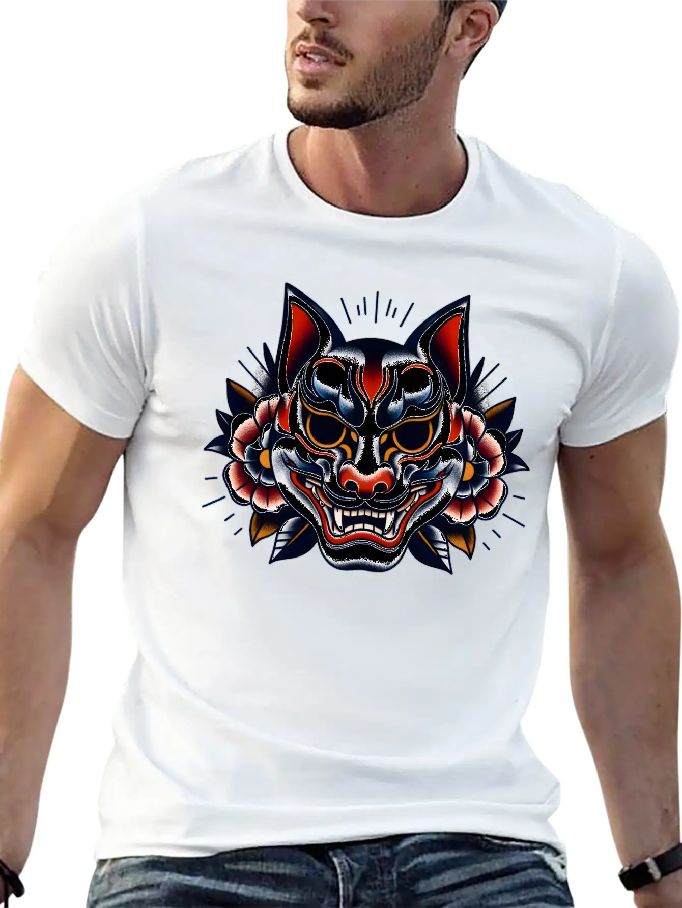 AI Japanese Kabuki Fox Mask Design Timeless Short Sleeve Tee – Comfy And Minimalist Design