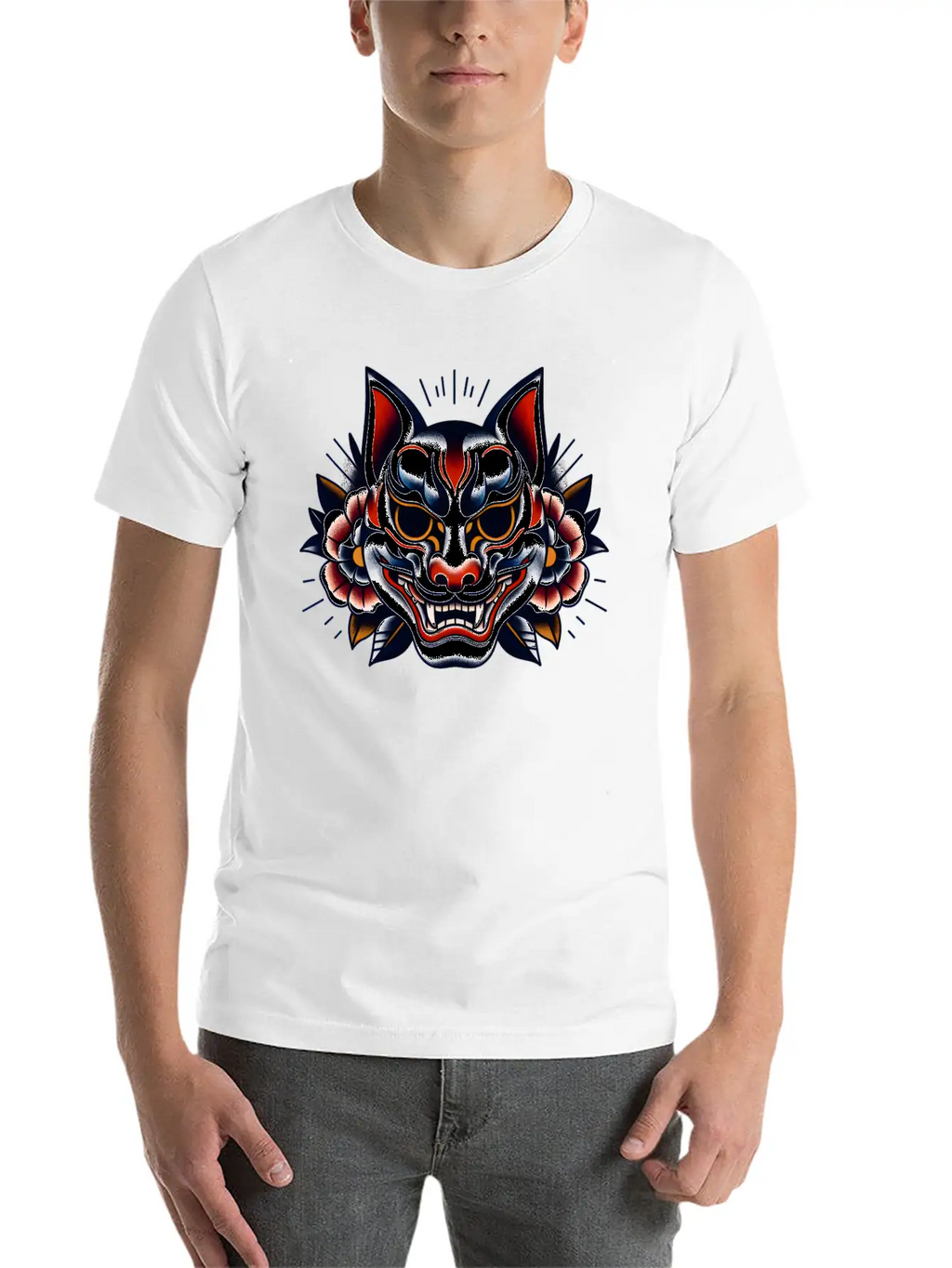AI Japanese Kabuki Fox Mask Design Timeless Short Sleeve Tee – Comfy And Minimalist Design
