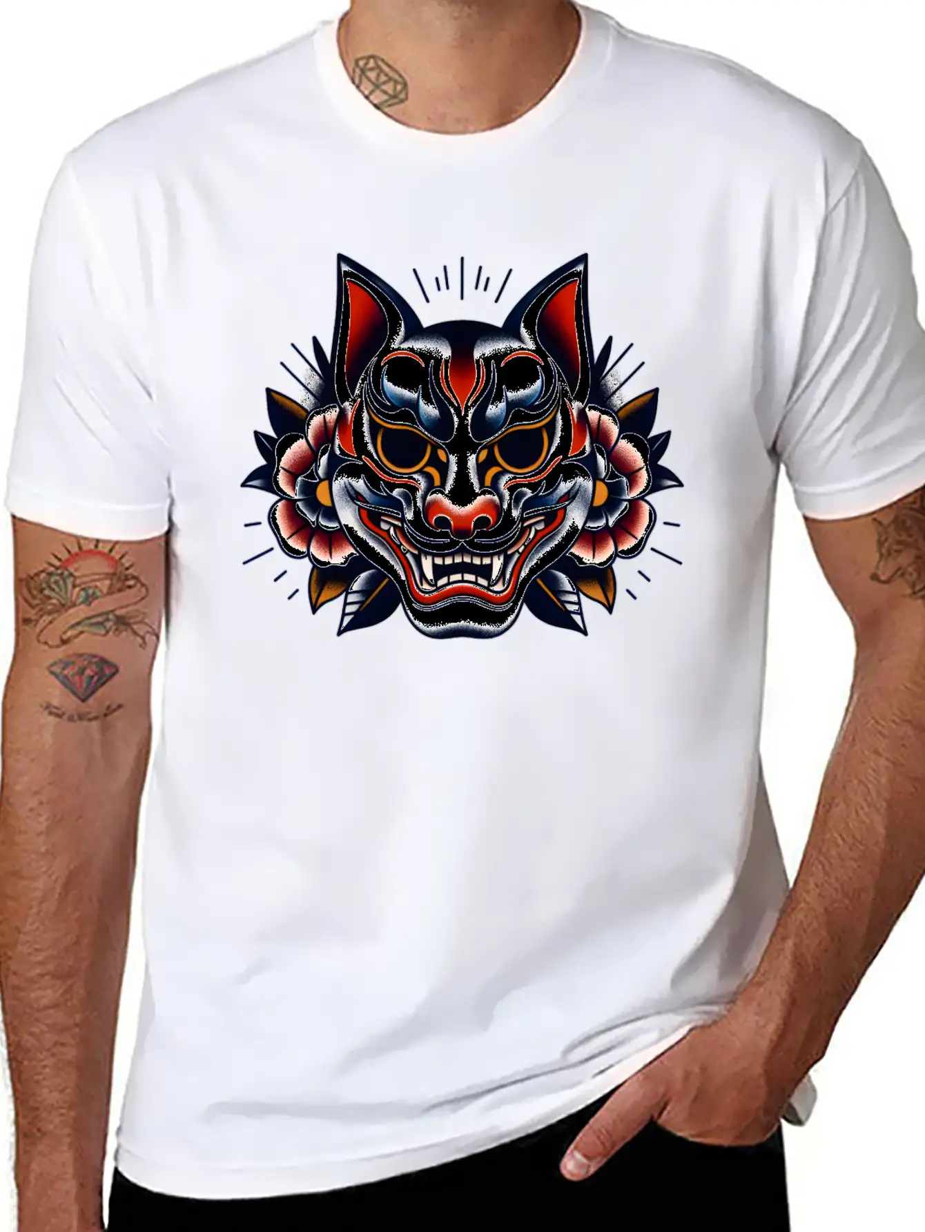 AI Japanese Kabuki Fox Mask Design Timeless Short Sleeve Tee – Comfy And Minimalist Design