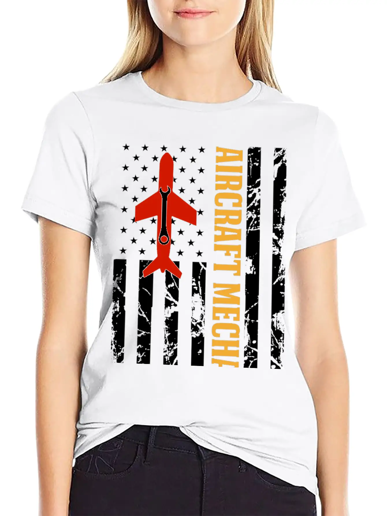 AIRCRAFT MECHANIC USA FLAG Classic Crew Neck Graphic Tee – Everyday Minimal Look