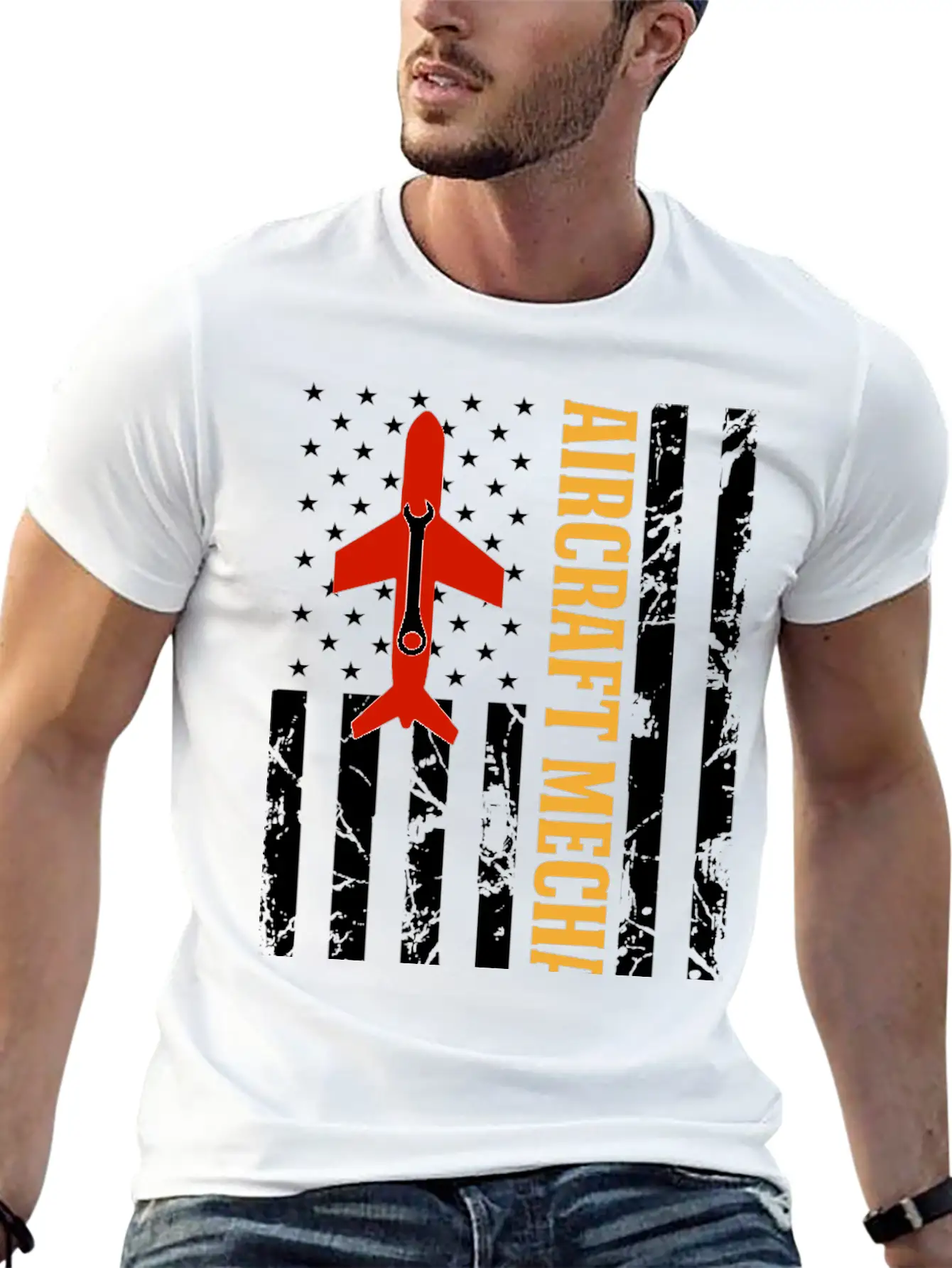 AIRCRAFT MECHANIC USA FLAG Classic Crew Neck Graphic Tee – Everyday Minimal Look