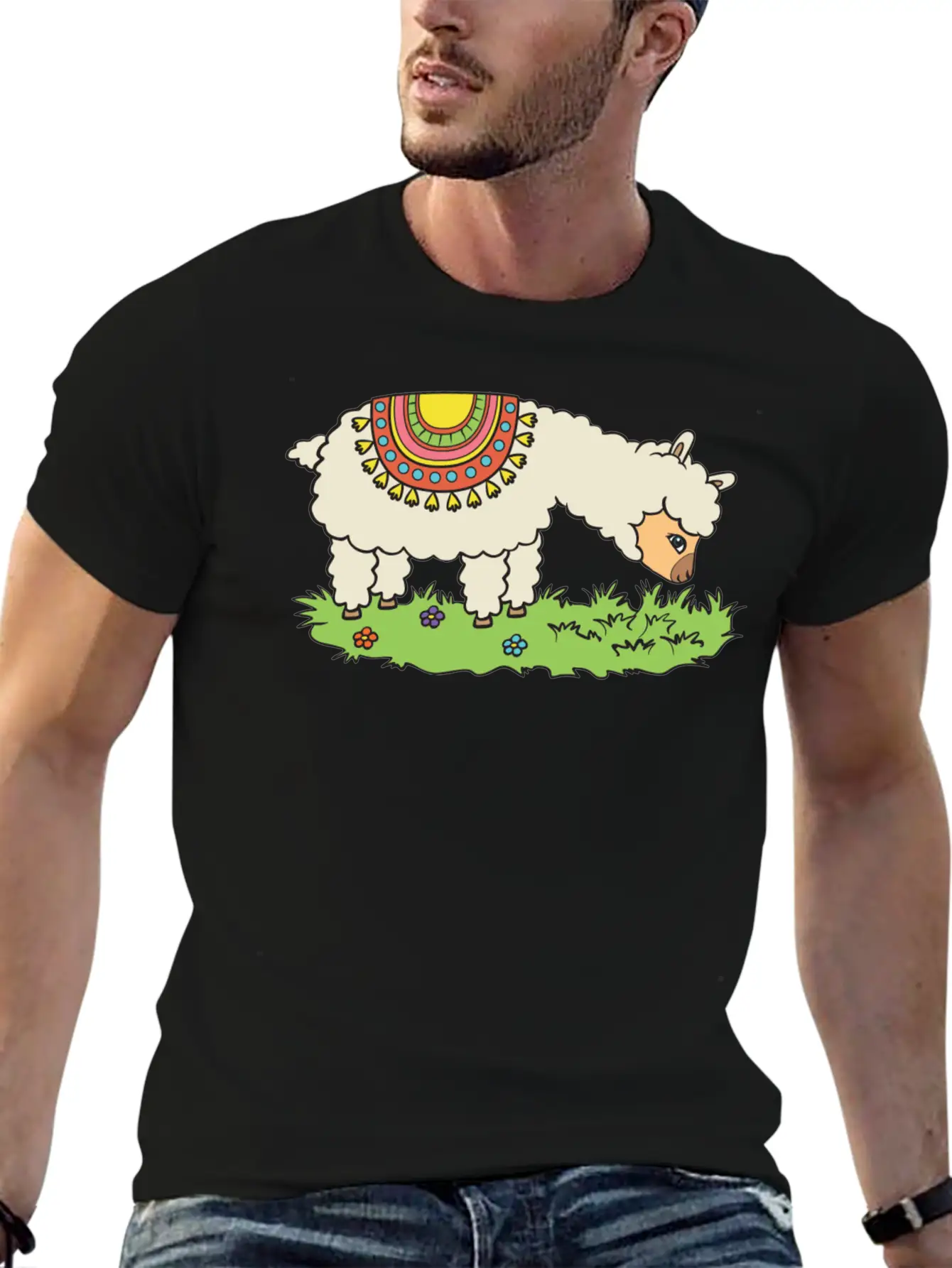 Alpaca Eats Grass On A Meadow Classic Fit Graphic Tee For Daily Comfort – Unisex Cotton Shirt