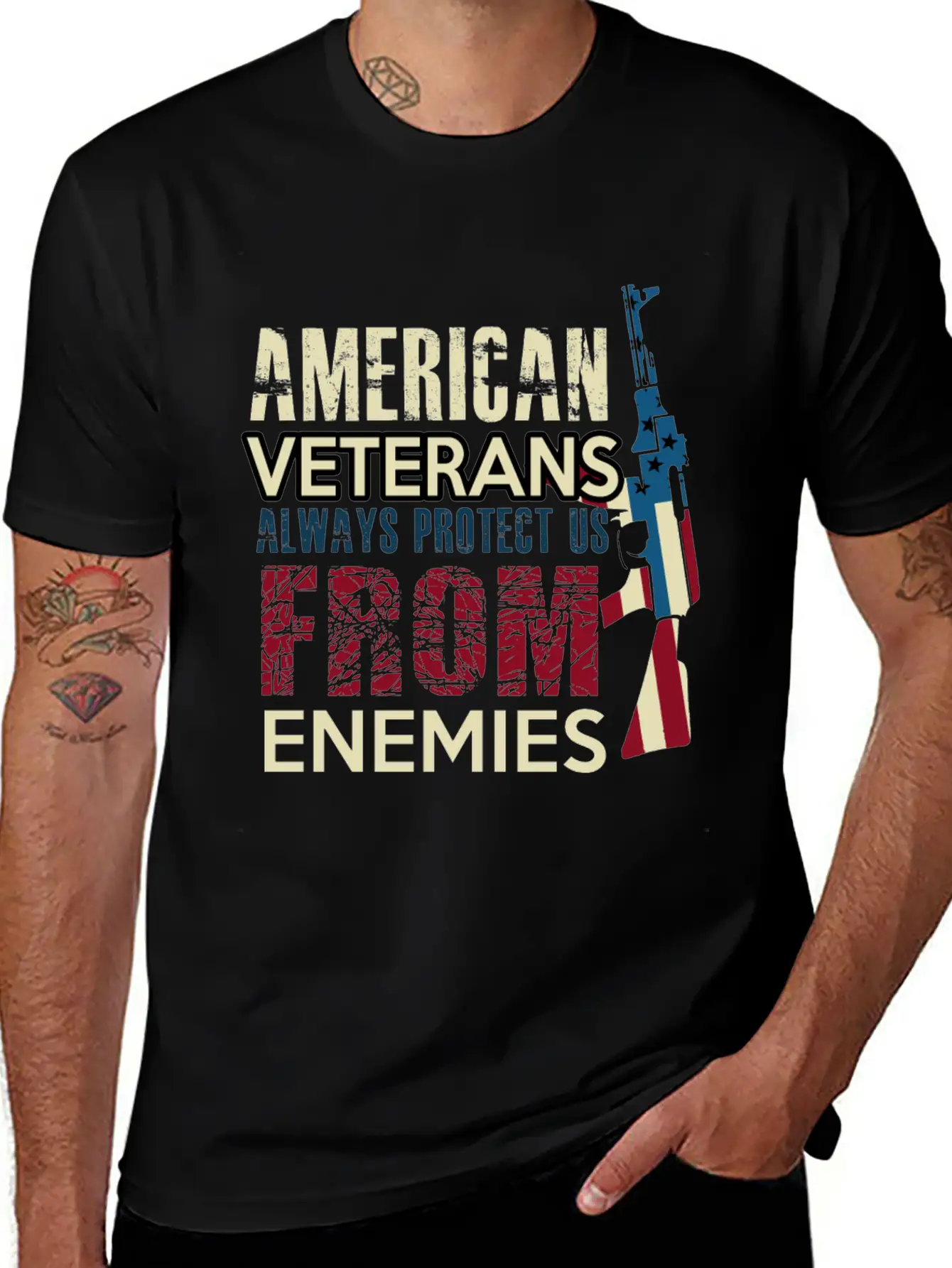 AMERICAN VETERANS ALWAYS PROTECT US FROM ENEMIES Simple Everyday Graphic Tee – Lightweight Summer Wear