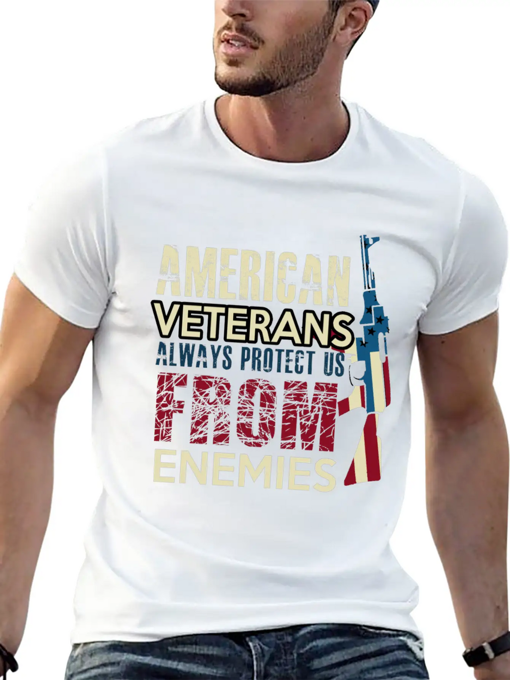 AMERICAN VETERANS ALWAYS PROTECT US FROM ENEMIES Simple Everyday Graphic Tee – Lightweight Summer Wear