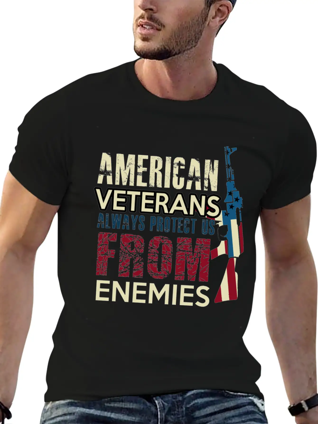 AMERICAN VETERANS ALWAYS PROTECT US FROM ENEMIES Simple Everyday Graphic Tee – Lightweight Summer Wear
