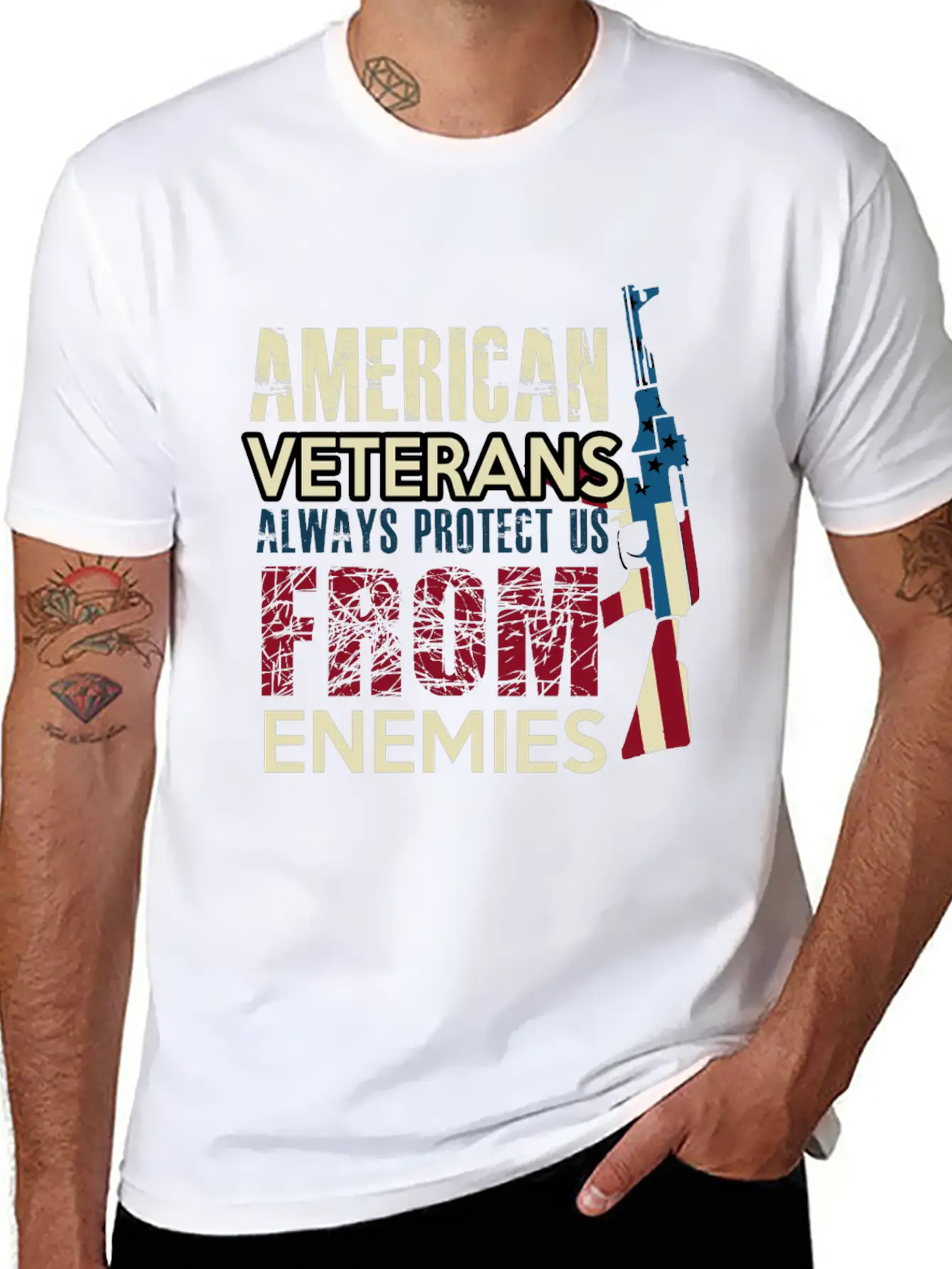 AMERICAN VETERANS ALWAYS PROTECT US FROM ENEMIES Simple Everyday Graphic Tee – Lightweight Summer Wear