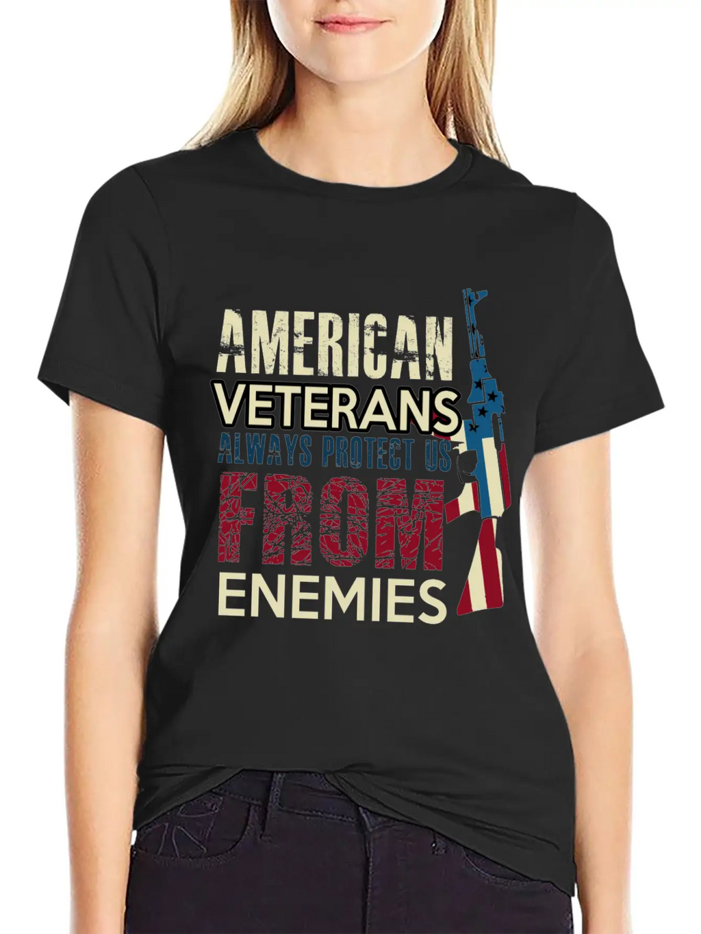 AMERICAN VETERANS ALWAYS PROTECT US FROM ENEMIES Simple Everyday Graphic Tee – Lightweight Summer Wear