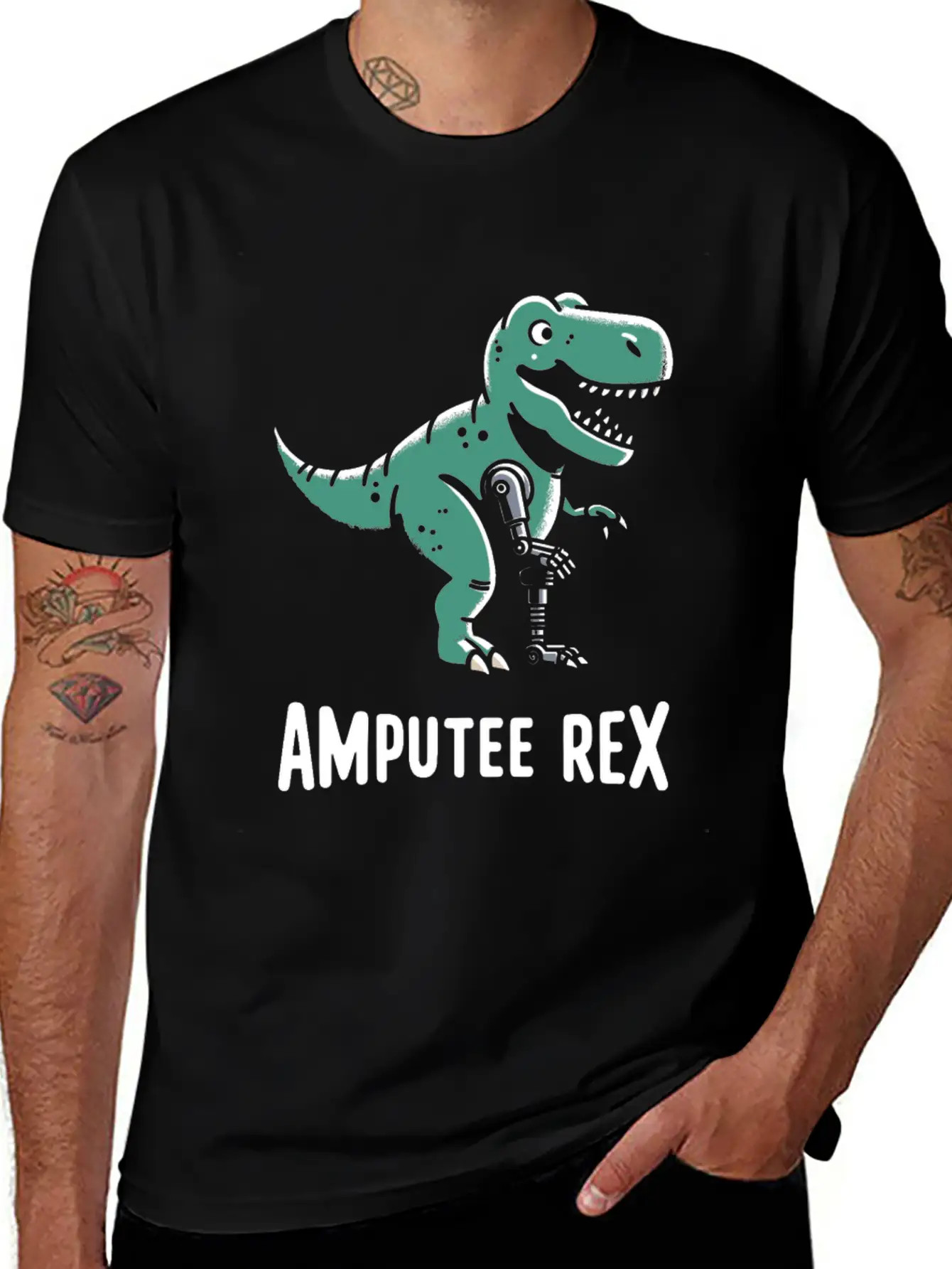 Amputee Rex Tyrannosaurus Prosthetic Leg Handicap Stylish Everyday T-Shirt – Unisex Basic Cotton Tee