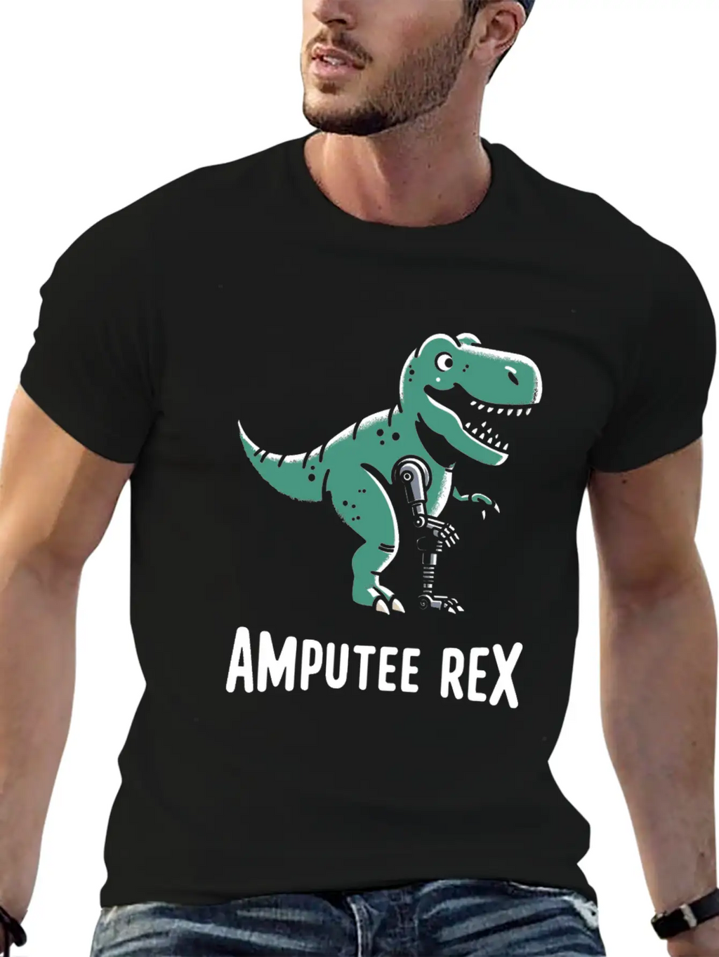 Amputee Rex Tyrannosaurus Prosthetic Leg Handicap Stylish Everyday T-Shirt – Unisex Basic Cotton Tee