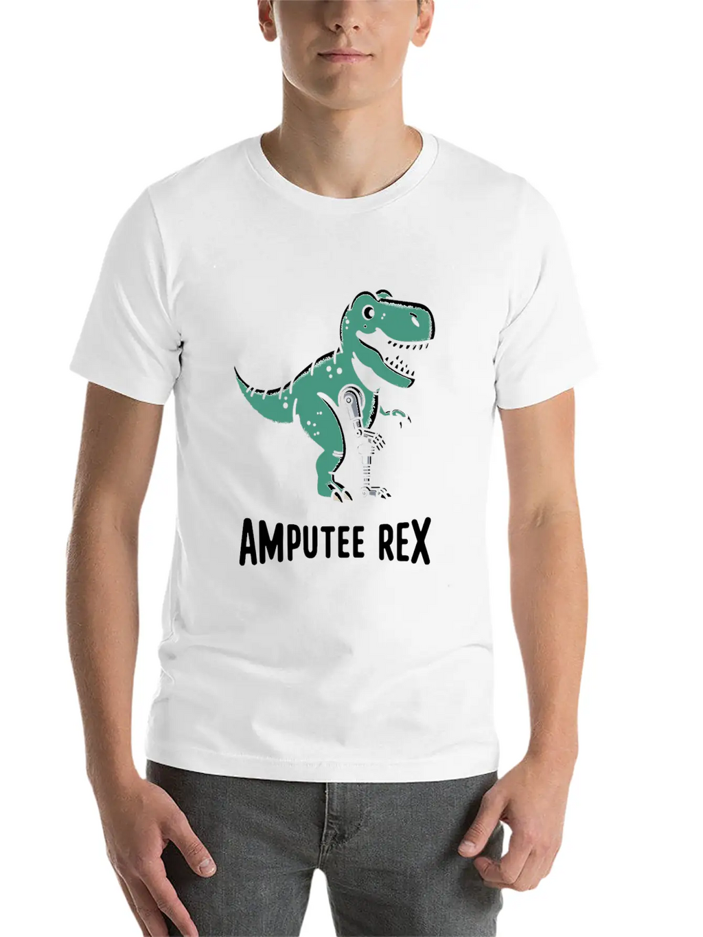 Amputee Rex Tyrannosaurus Prosthetic Leg Handicap Stylish Everyday T-Shirt – Unisex Basic Cotton Tee