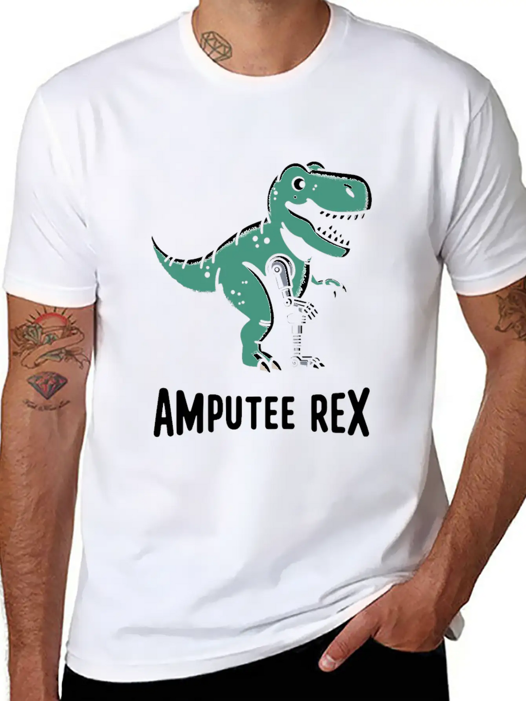 Amputee Rex Tyrannosaurus Prosthetic Leg Handicap Stylish Everyday T-Shirt – Unisex Basic Cotton Tee